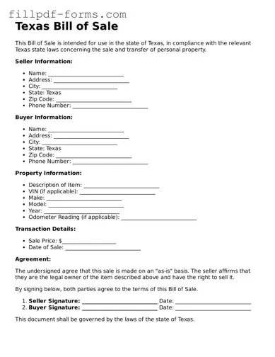 Fillable Bill of Sale Template for the State of Texas