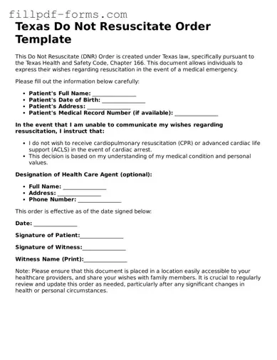 Fillable Do Not Resuscitate Order Template for the State of Texas