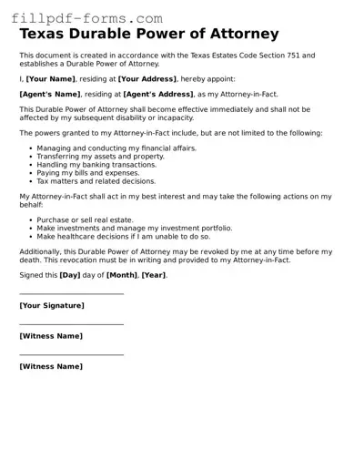 Fillable Durable Power of Attorney Template for the State of Texas