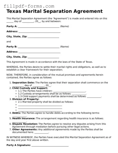 Fillable Marital Separation Agreement Template for the State of Texas