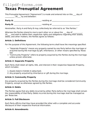 Fillable Prenuptial Agreement Template for the State of Texas