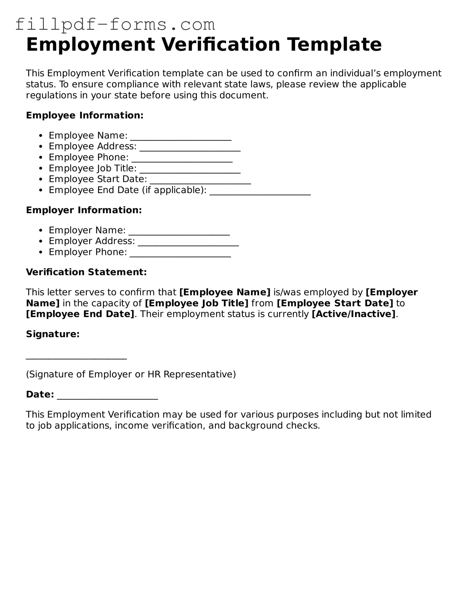 Fillable Employment Verification Template