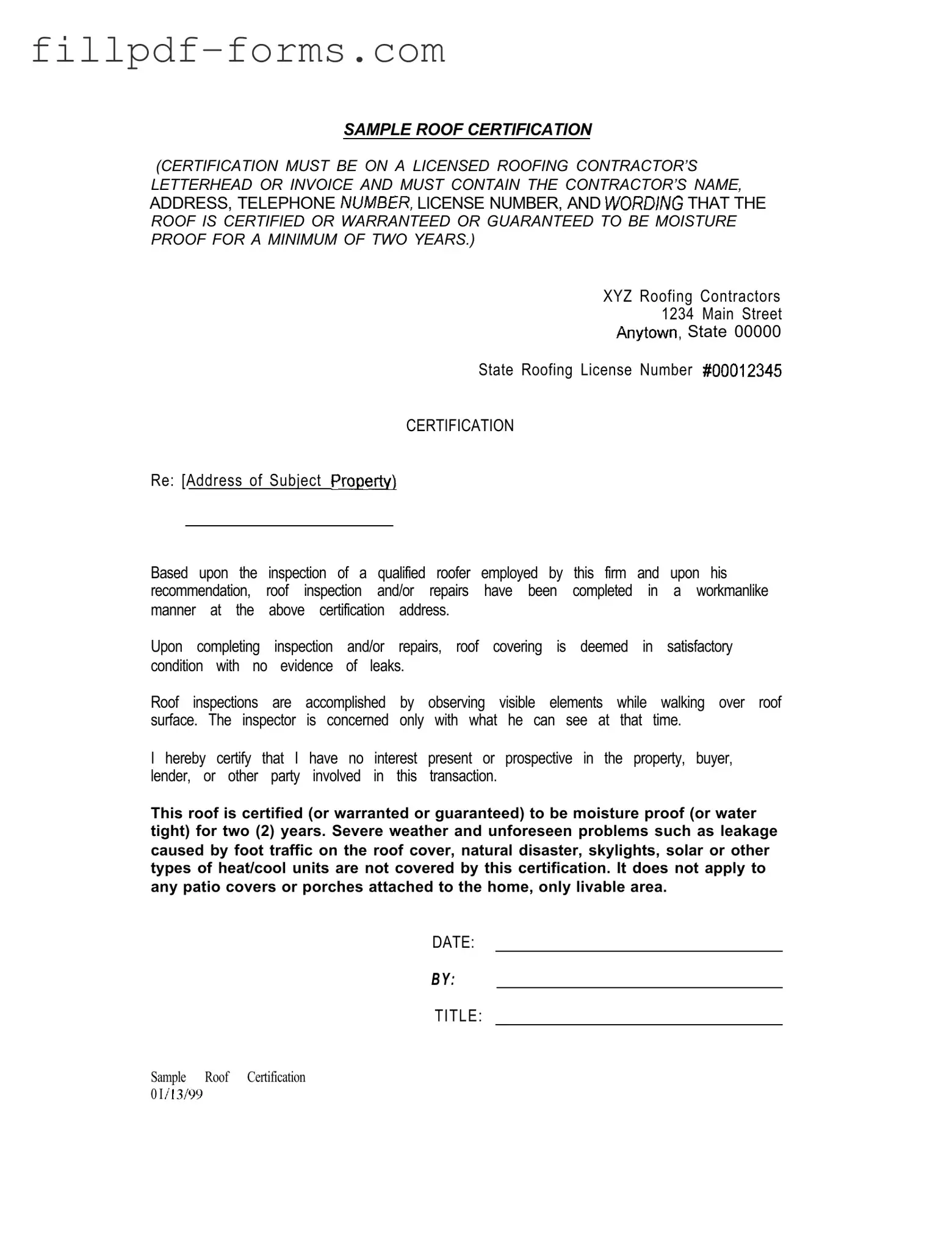 Sample Roof Certification PDF Form
