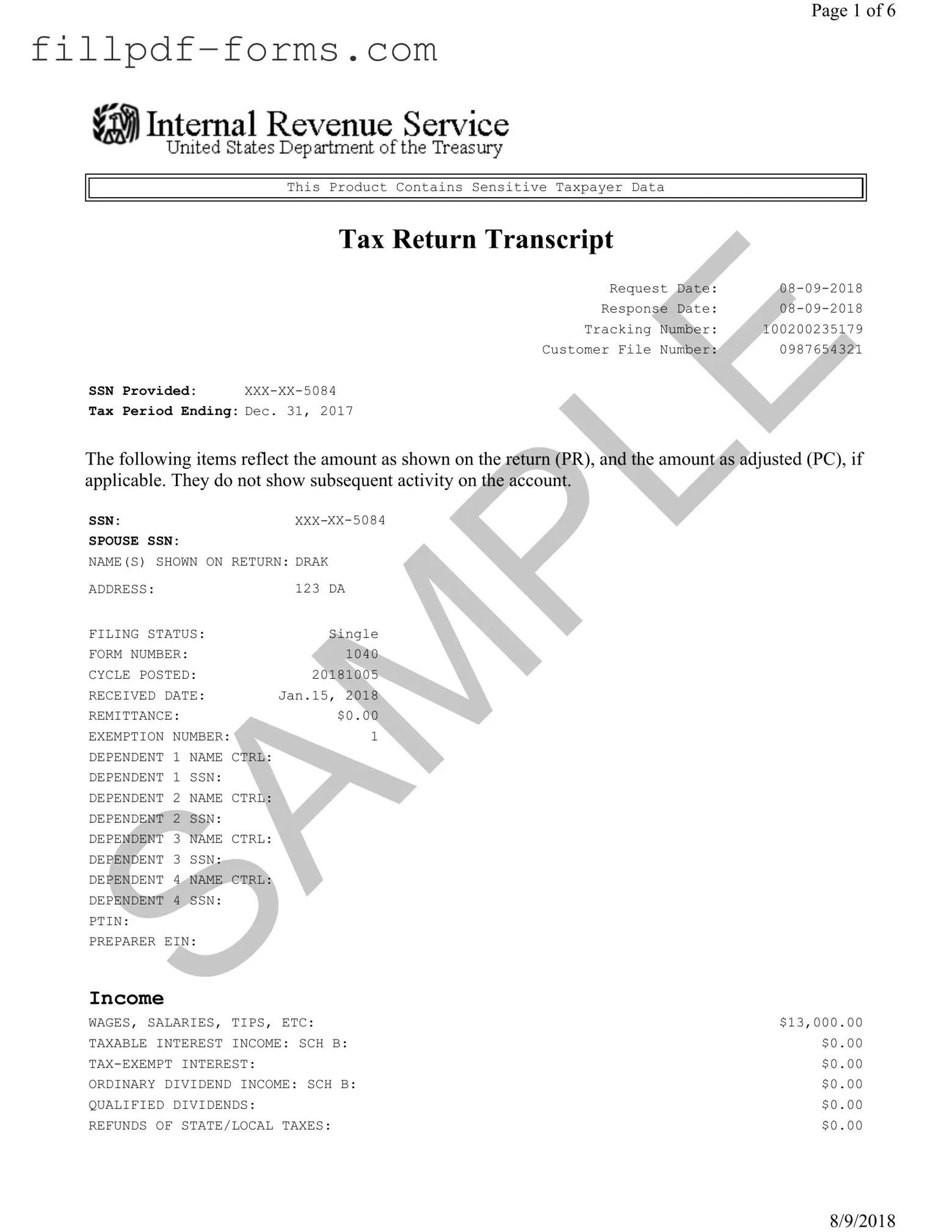 Sample Tax Return Transcript PDF Form