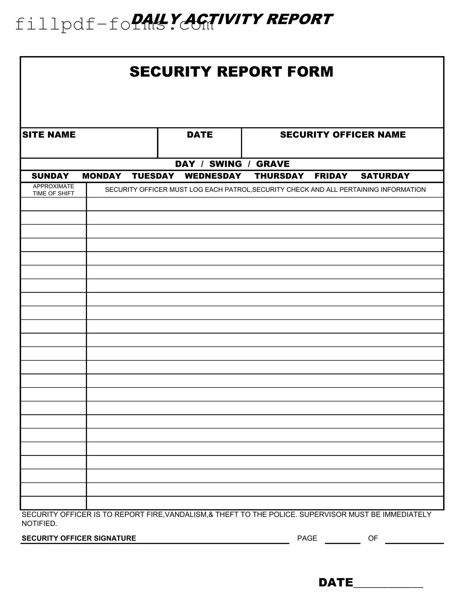 Security Guard Daily Report Sample PDF Form