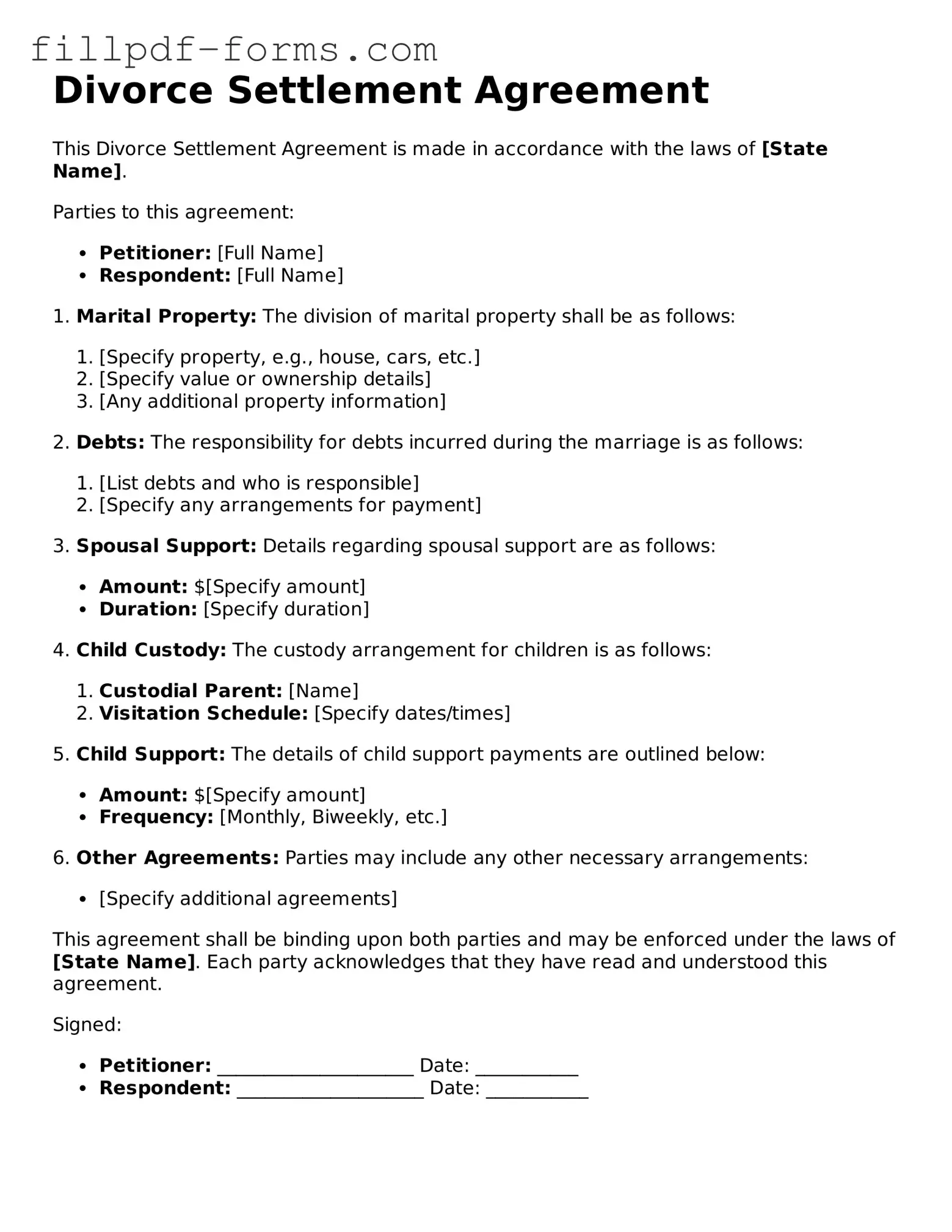 Fillable Divorce Settlement Agreement Template