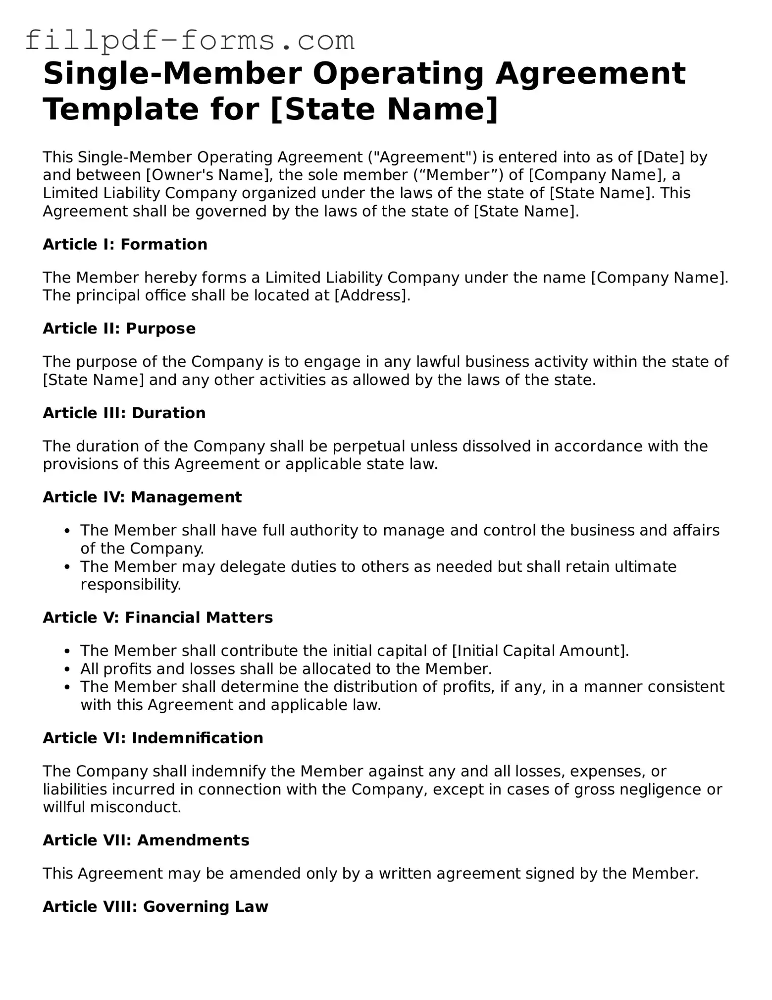Fillable Single-Member Operating Agreement Template
