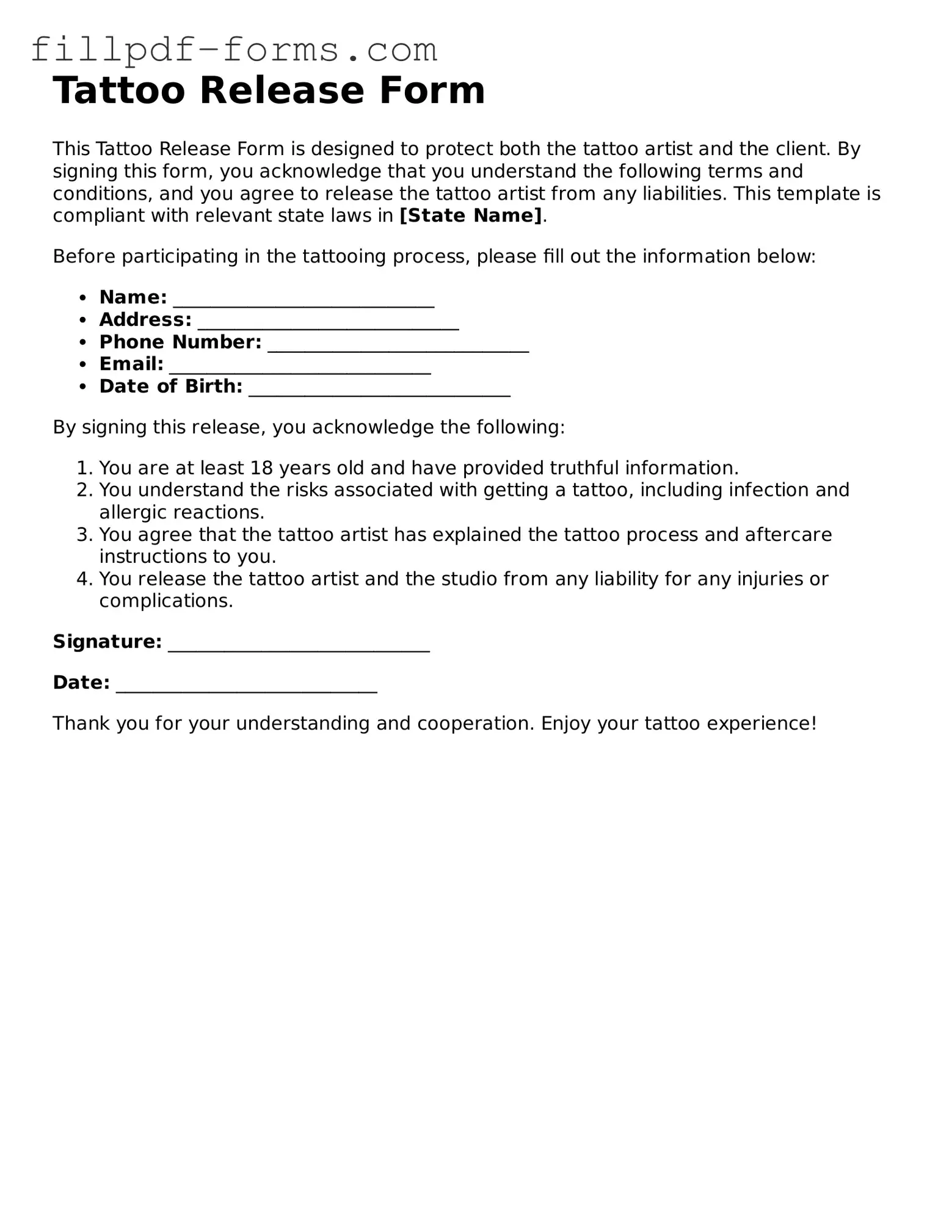 Fillable Tattoo Release Template