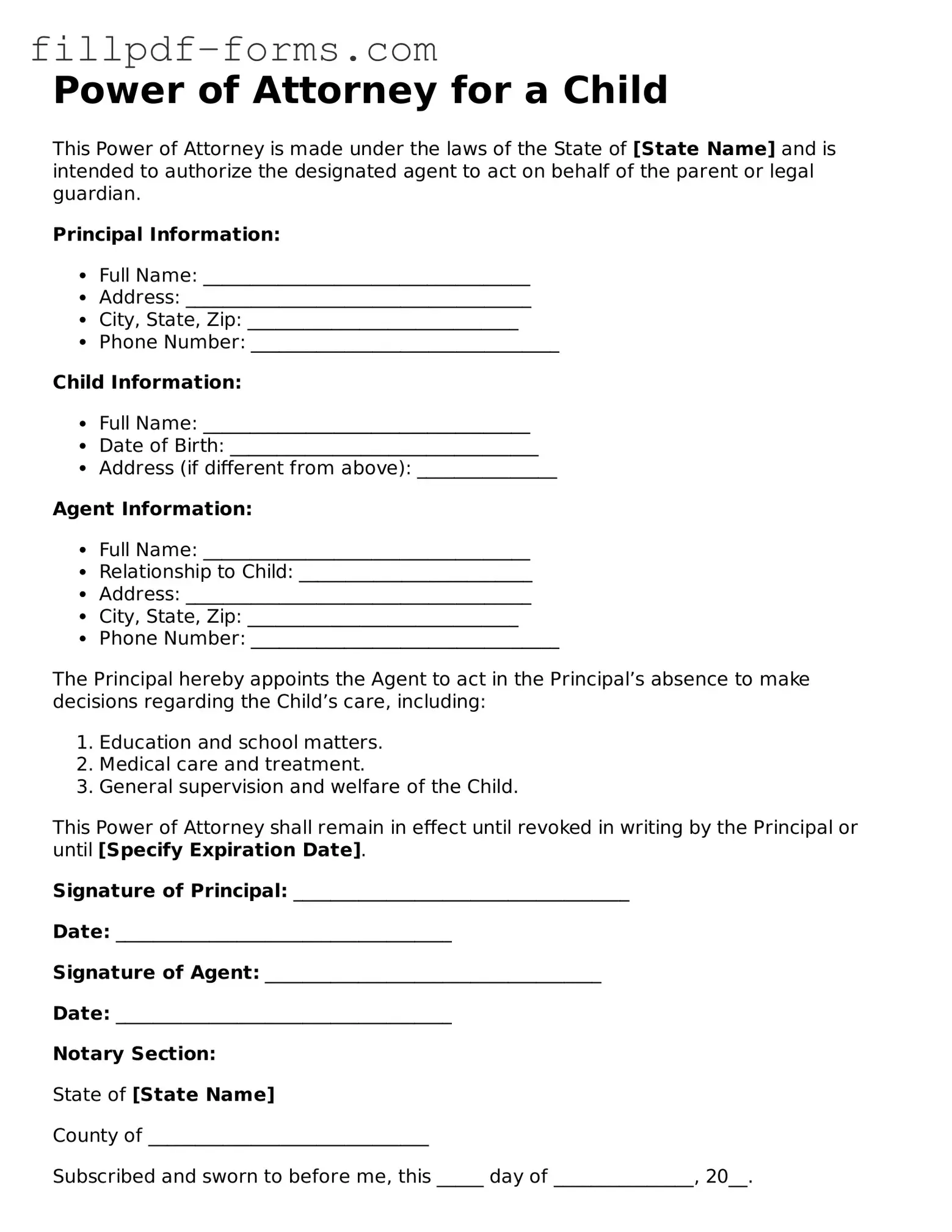 Fillable Power of Attorney for a Child Template