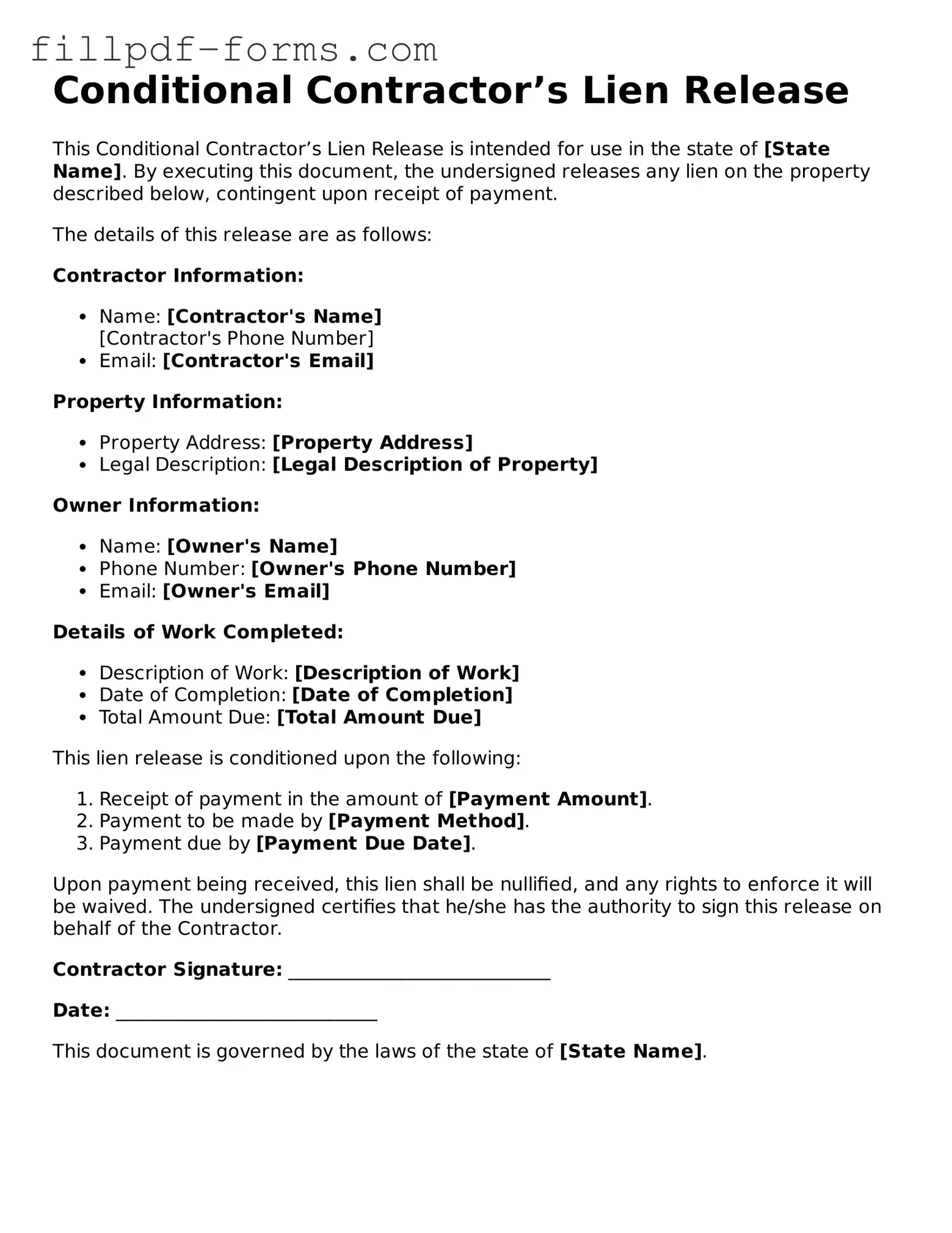 Fillable Conditional Contractor’s Lien Release Template