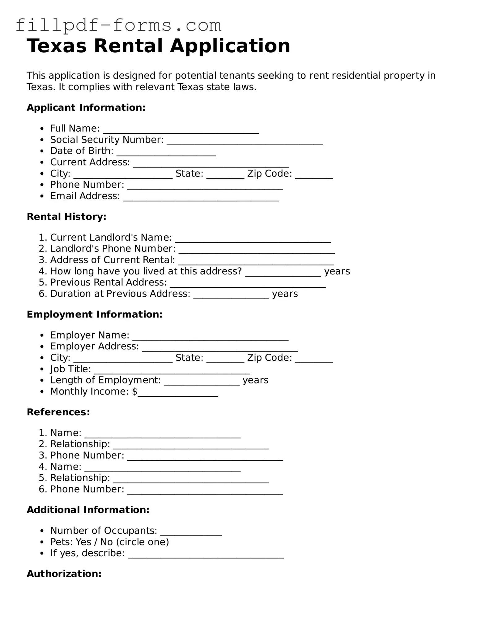 Fillable Rental Application Template for the State of Texas