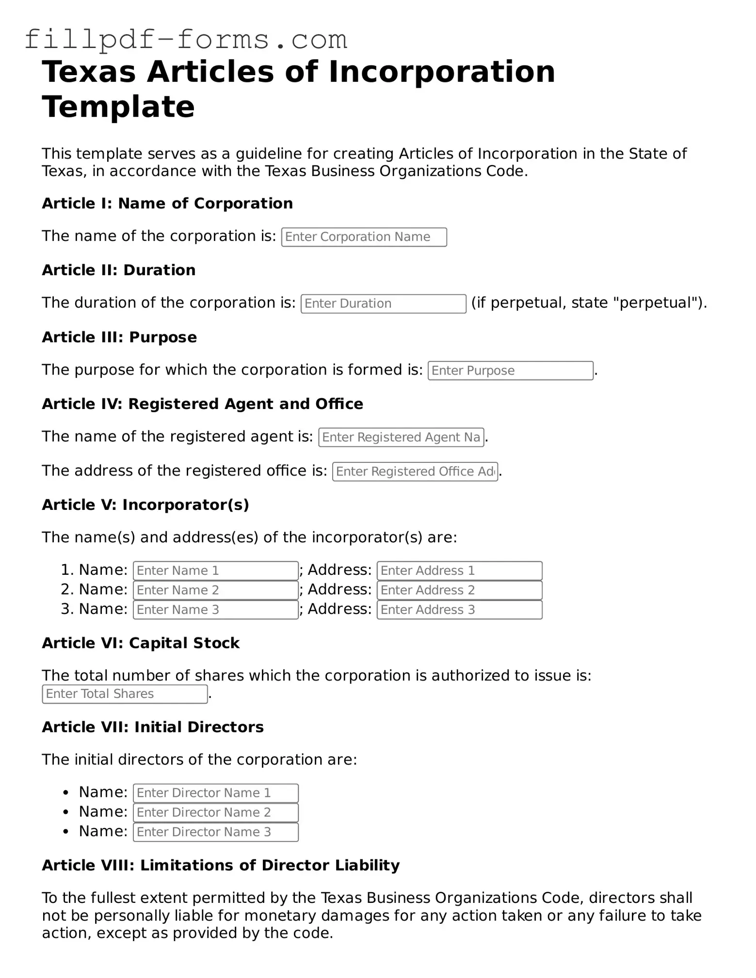 Fillable Articles of Incorporation Template for the State of Texas