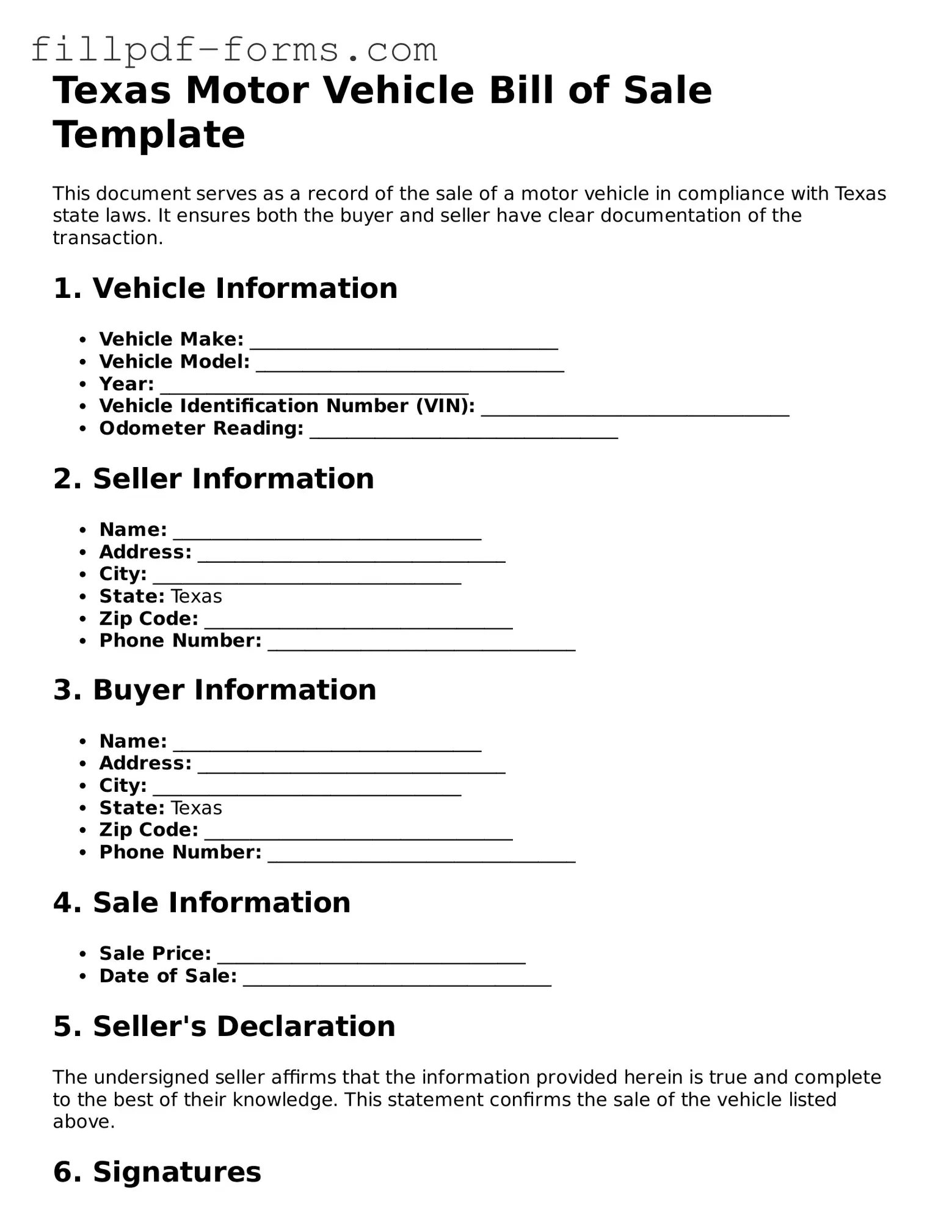 Fillable Motor Vehicle Bill of Sale Template for the State of Texas