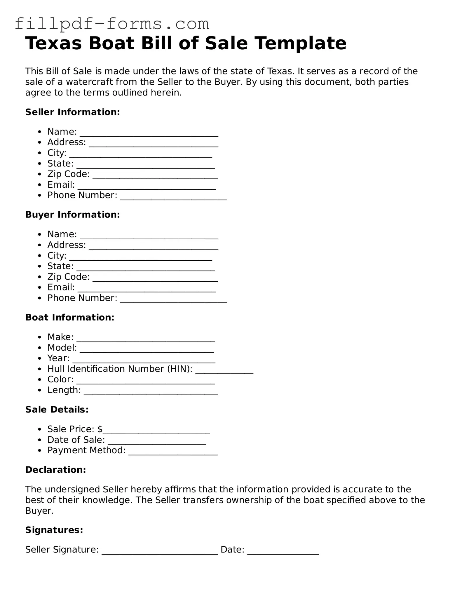 Fillable Boat Bill of Sale Template for the State of Texas