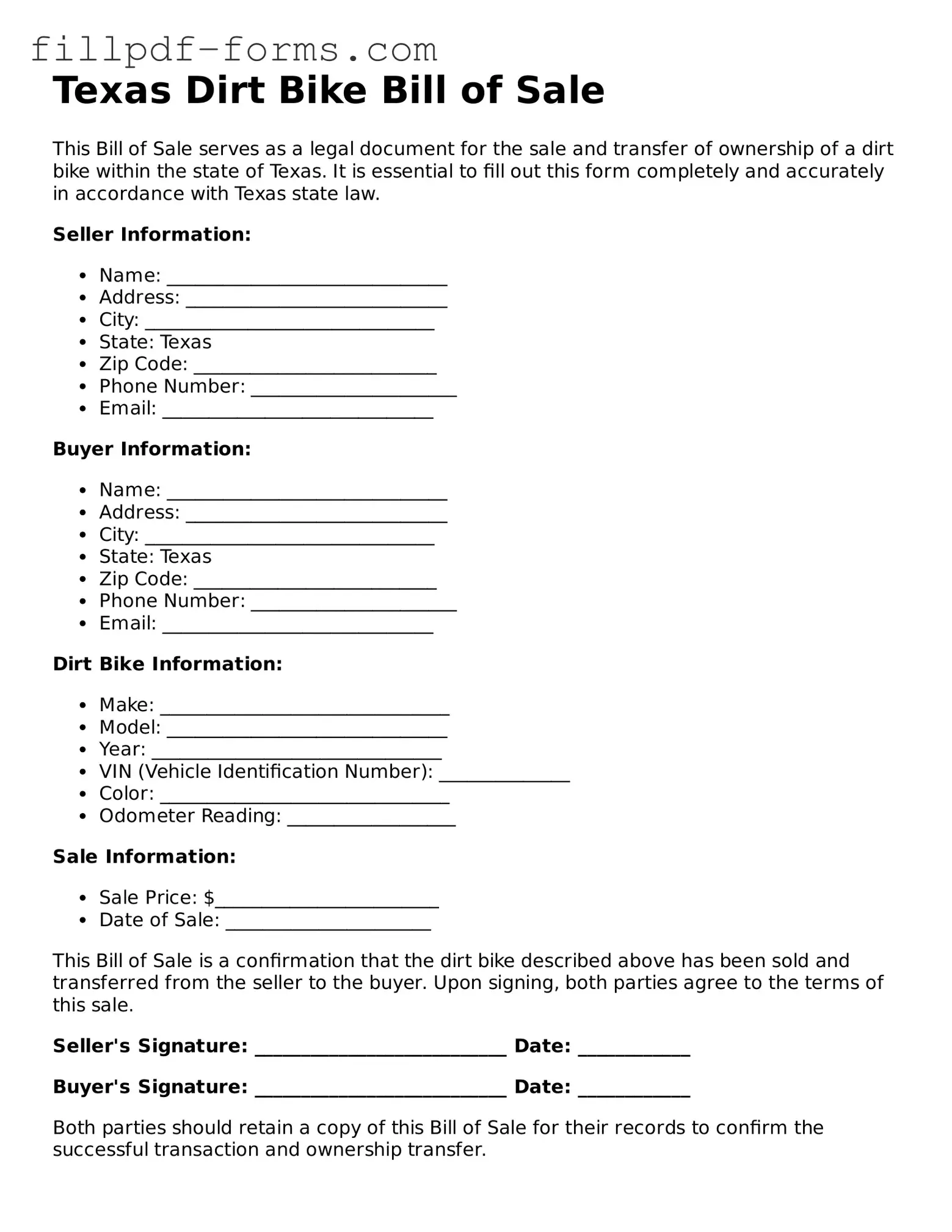 Fillable Dirt Bike Bill of Sale Template for the State of Texas