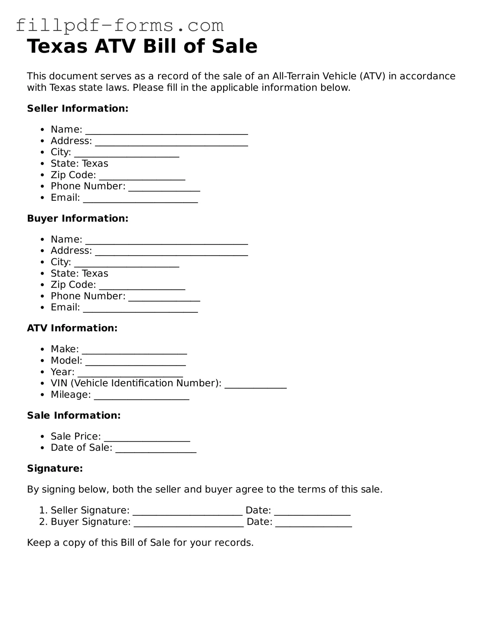 Fillable ATV Bill of Sale Template for the State of Texas