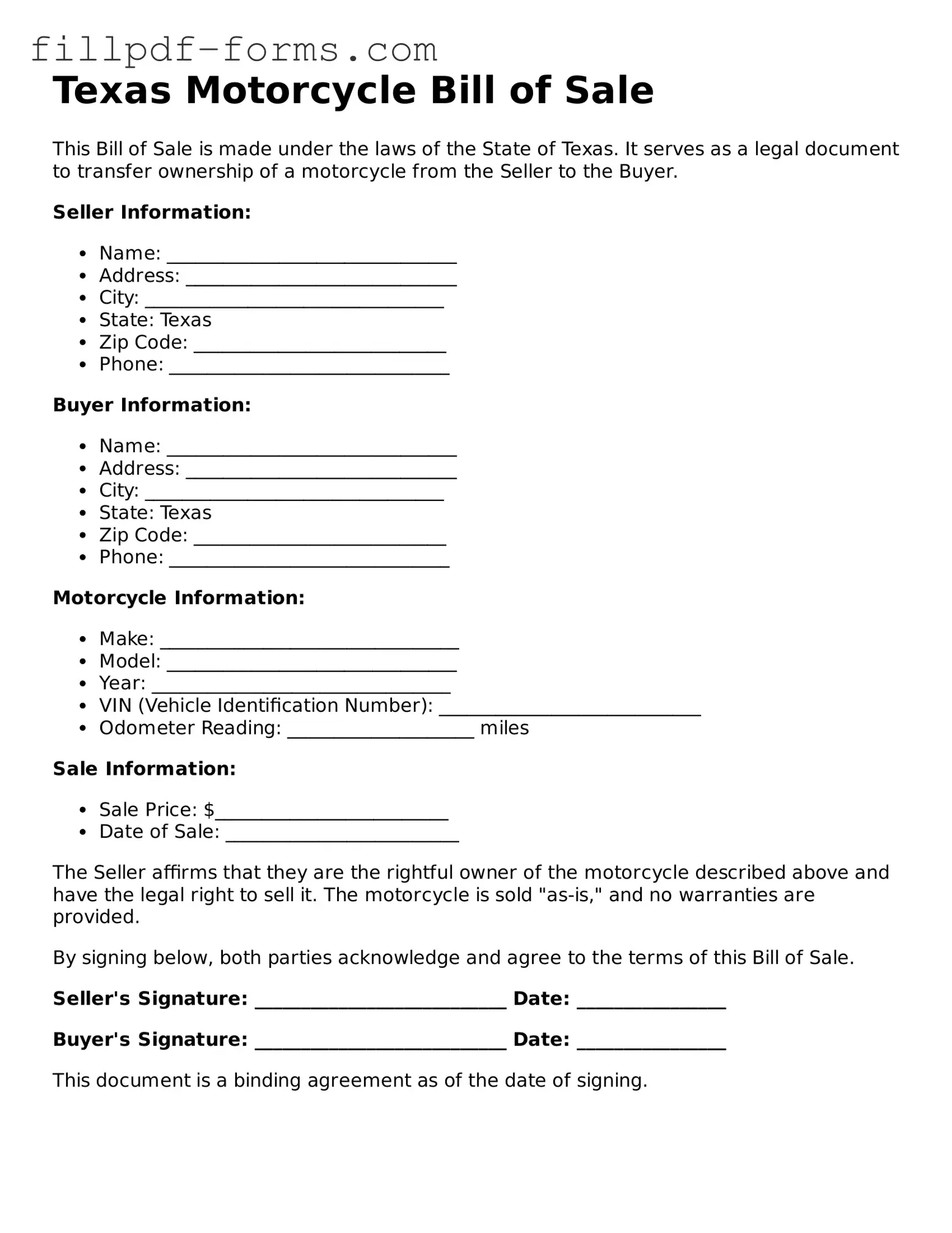Fillable Motorcycle Bill of Sale Template for the State of Texas