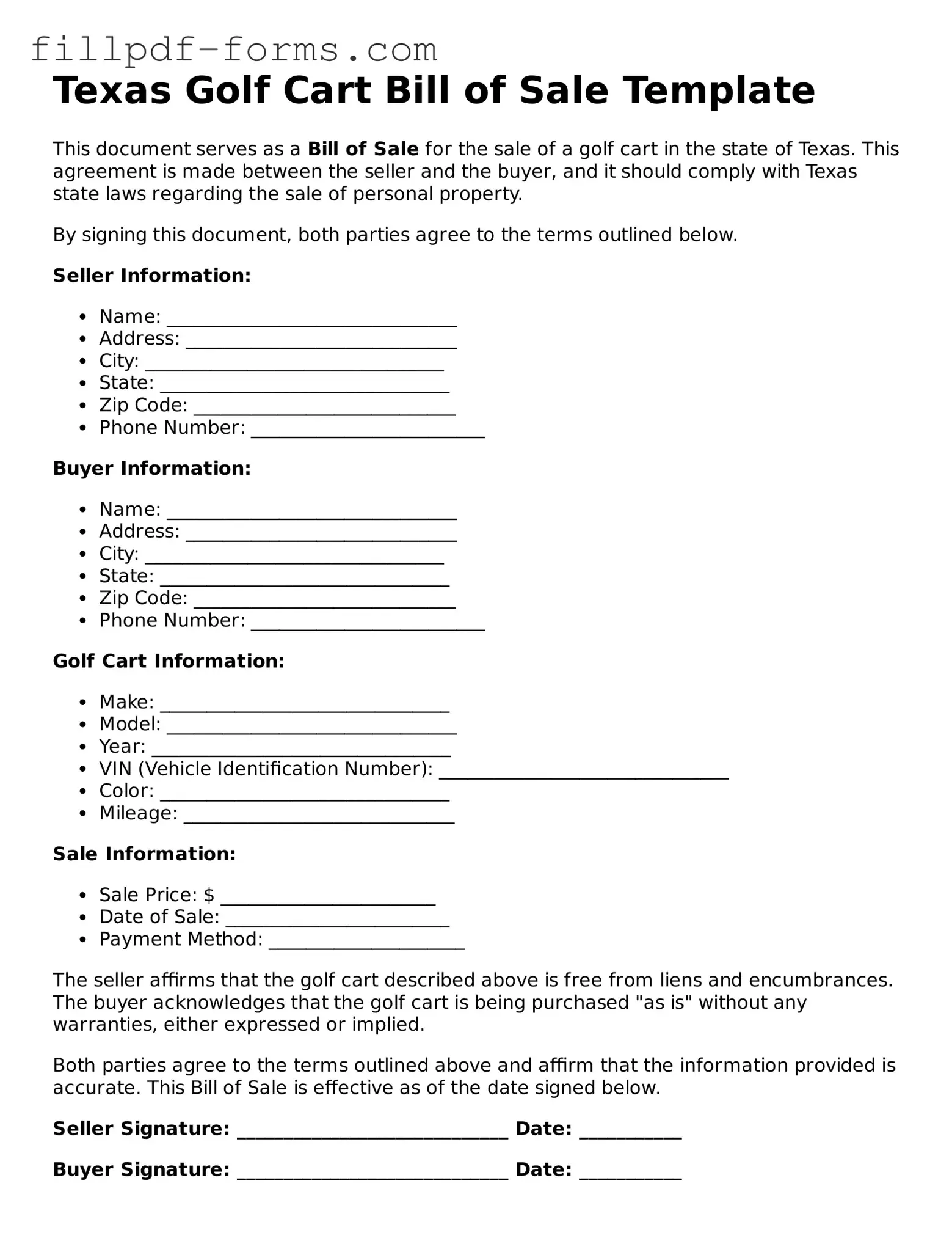 Fillable Golf Cart Bill of Sale Template for the State of Texas