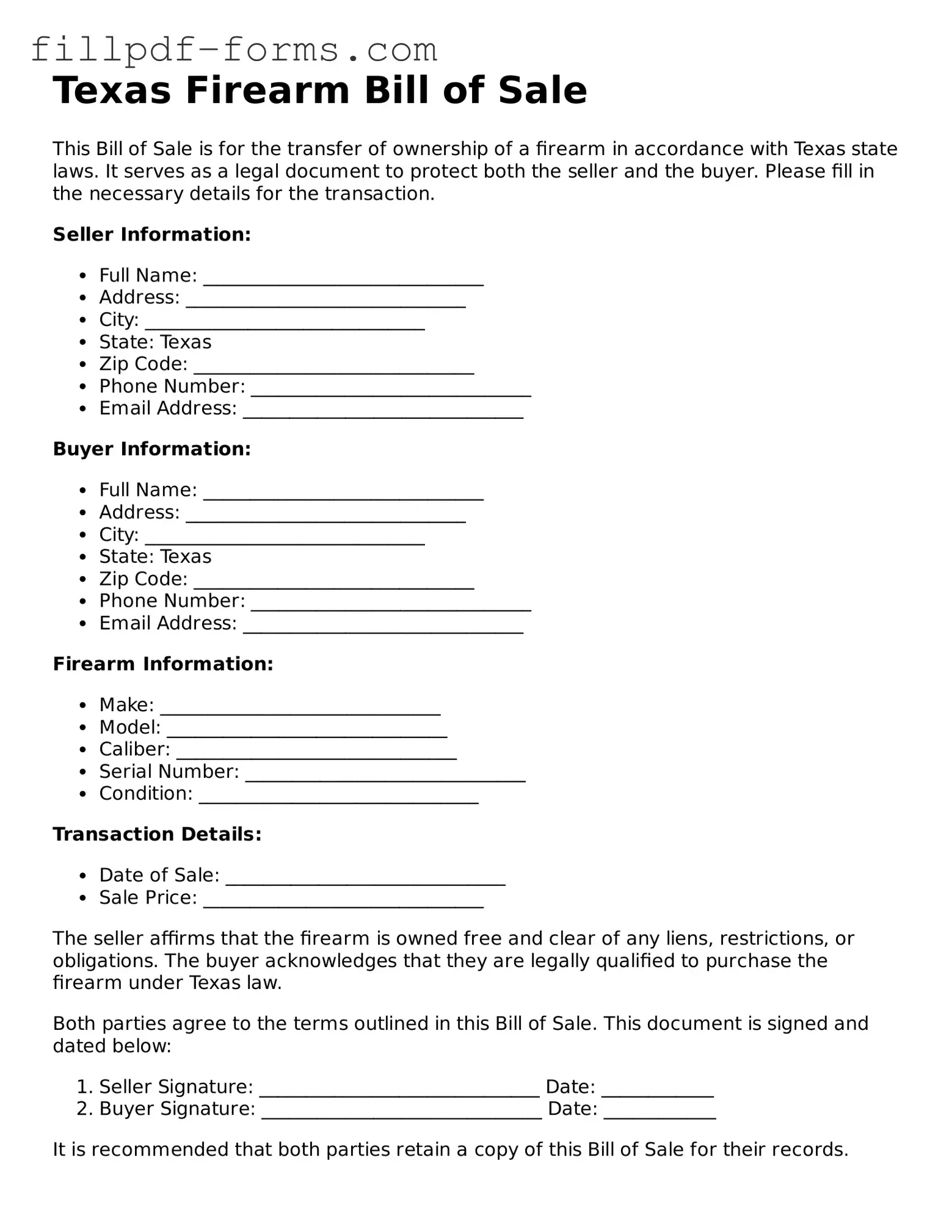 Fillable Firearm Bill of Sale Template for the State of Texas