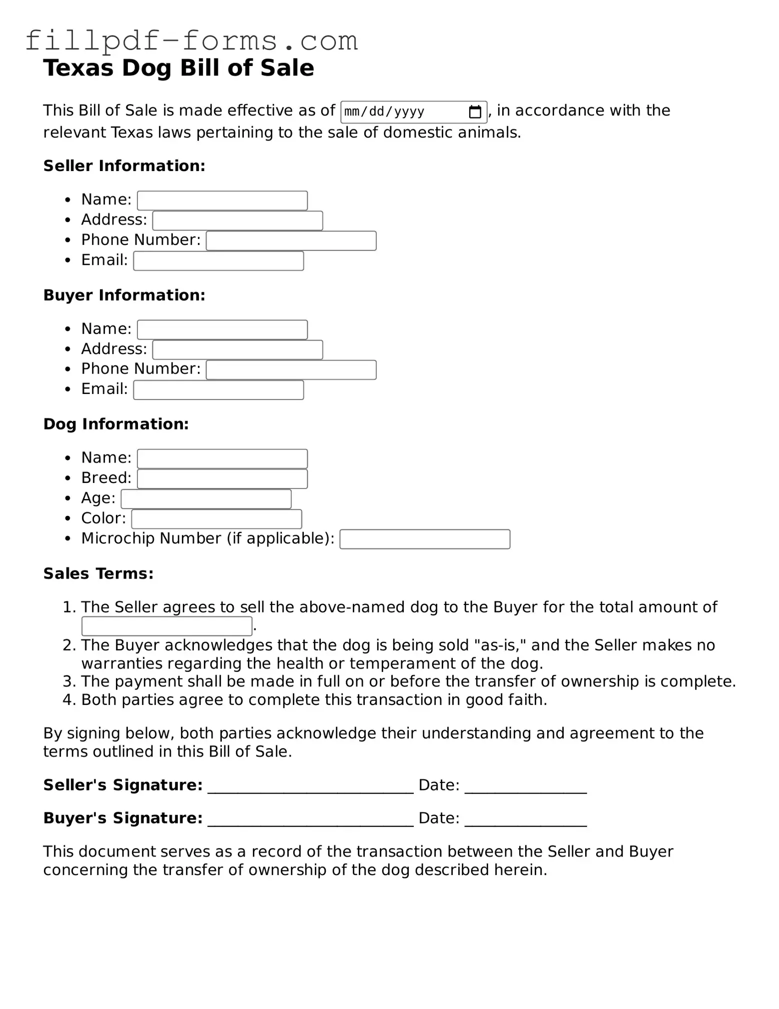 Fillable Dog Bill of Sale Template for the State of Texas
