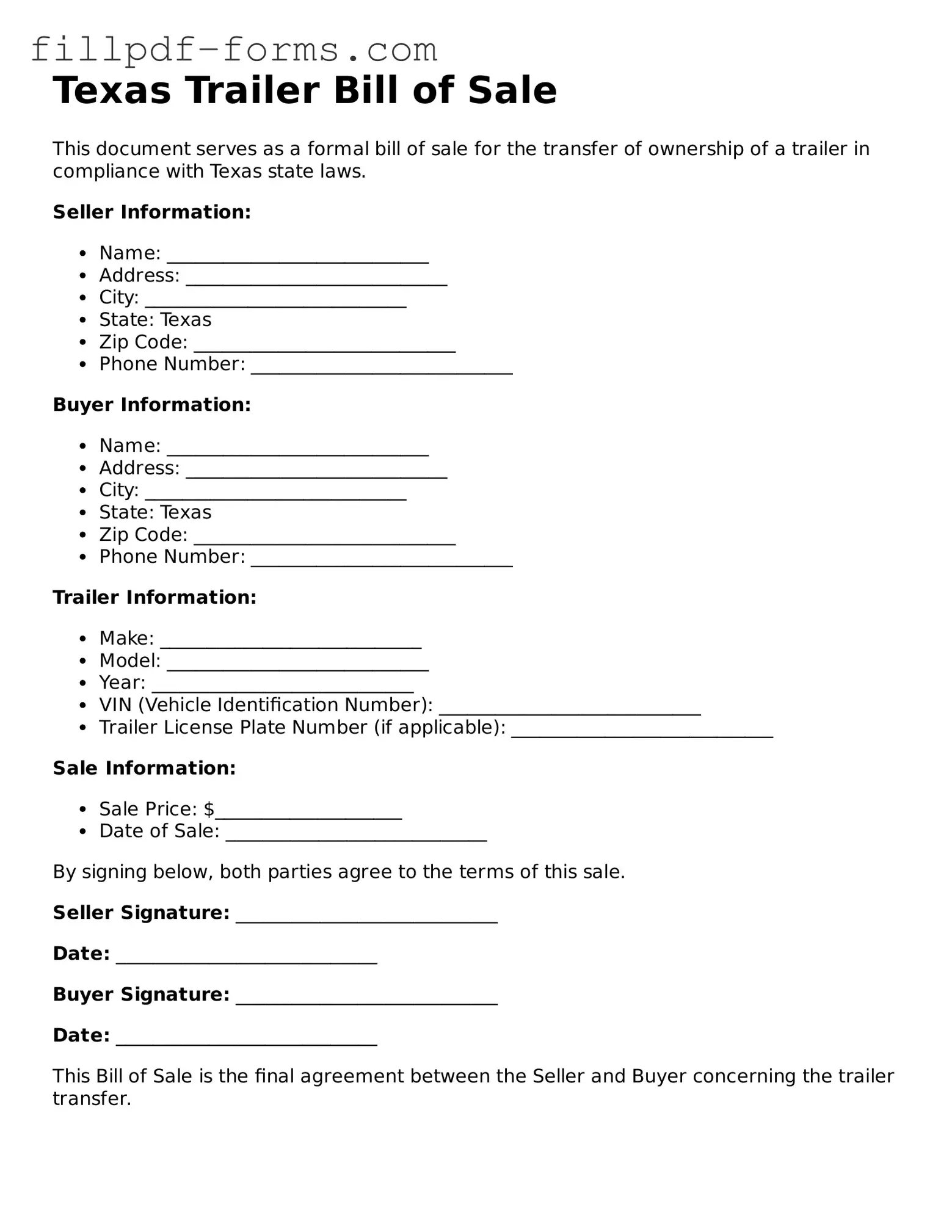 Fillable Trailer Bill of Sale Template for the State of Texas