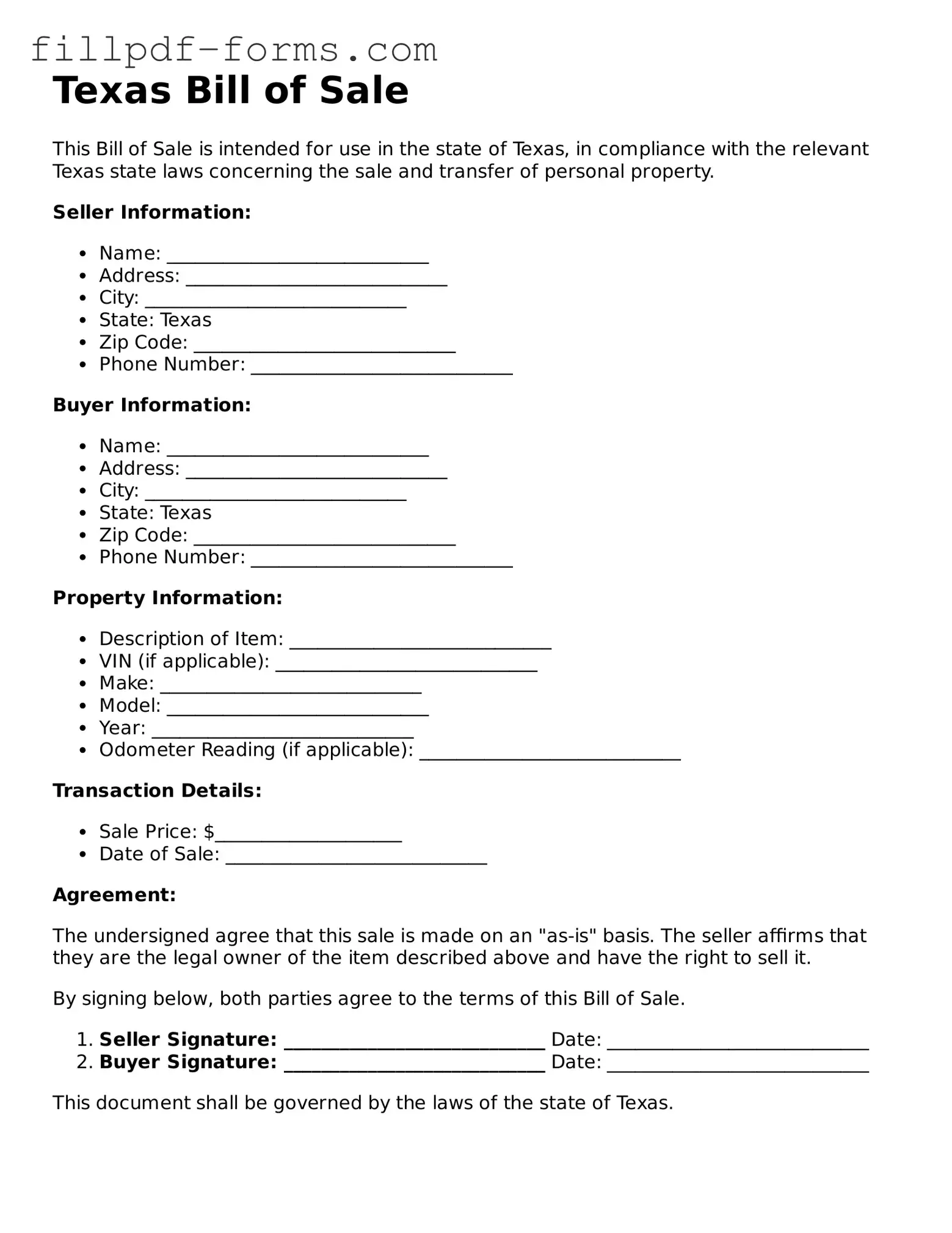 Fillable Bill of Sale Template for the State of Texas