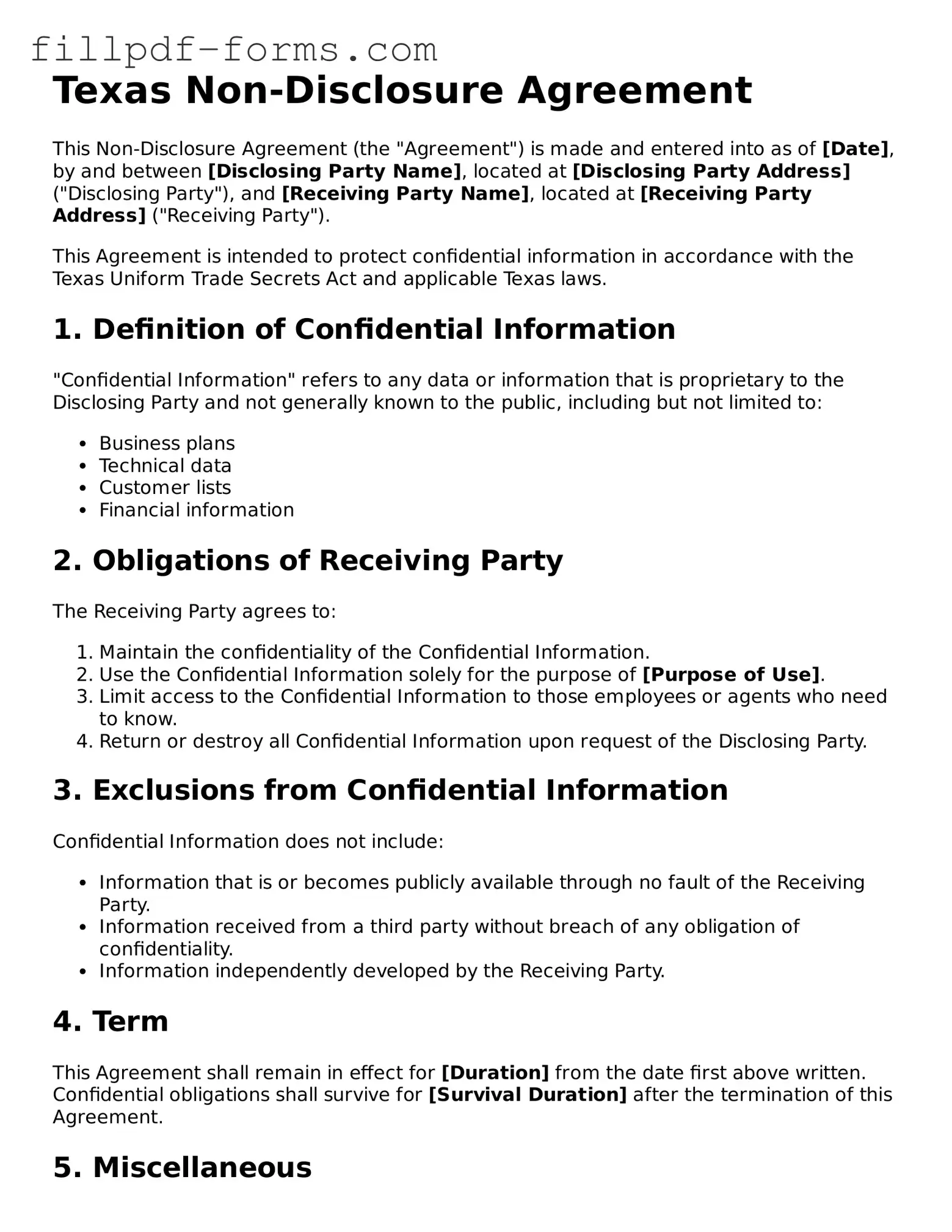 Fillable Non-disclosure Agreement Template for the State of Texas