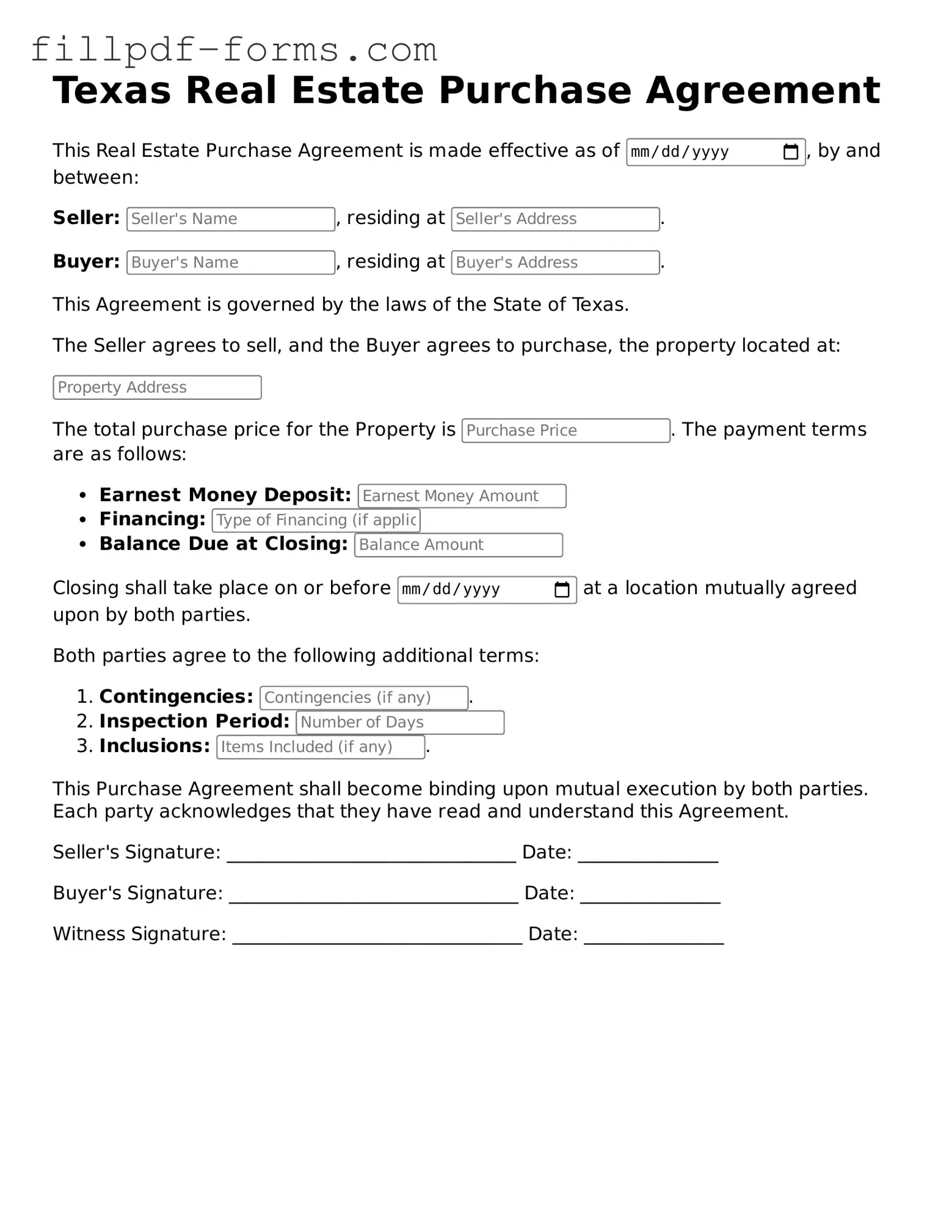 Fillable Real Estate Purchase Agreement Template for the State of Texas