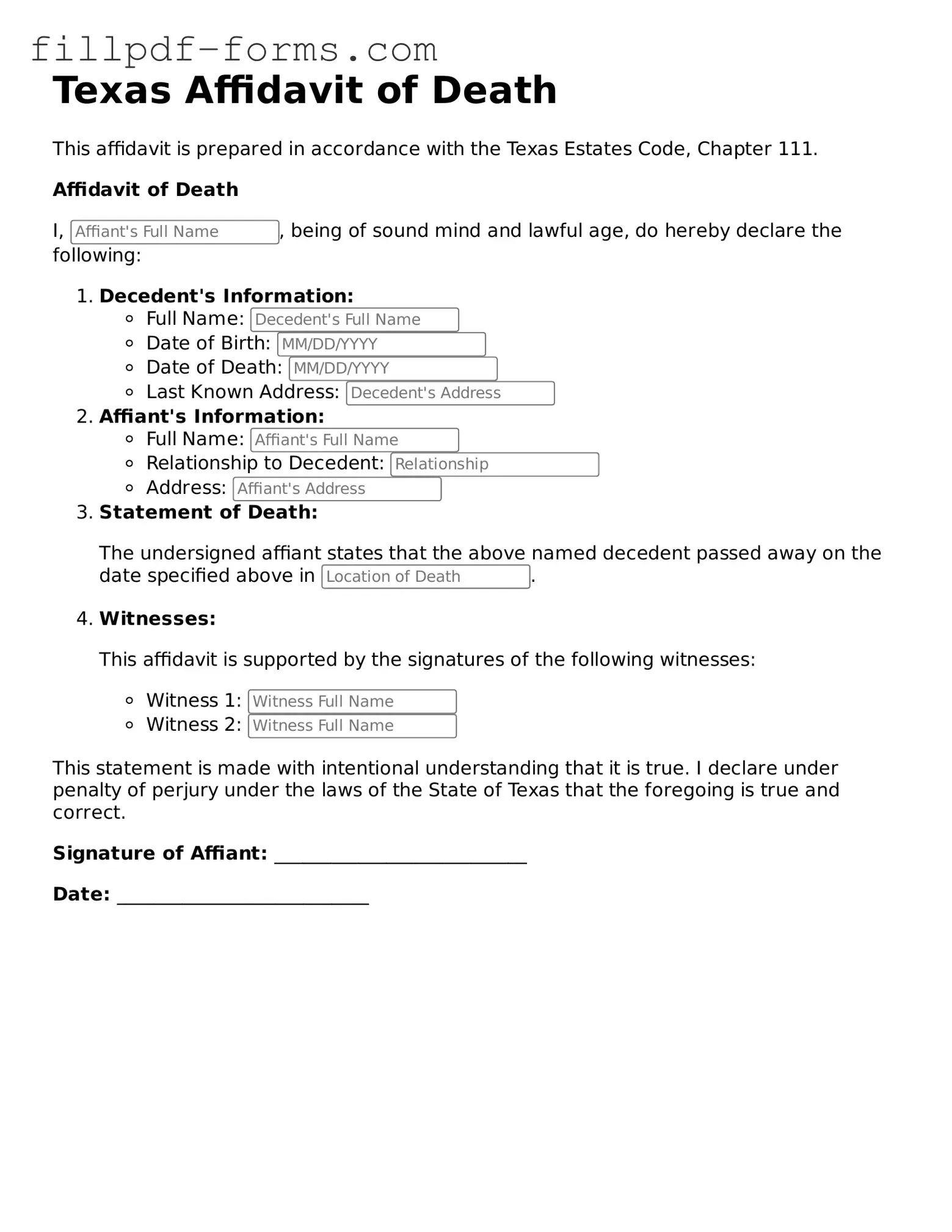 Fillable Affidavit of Death Template for the State of Texas
