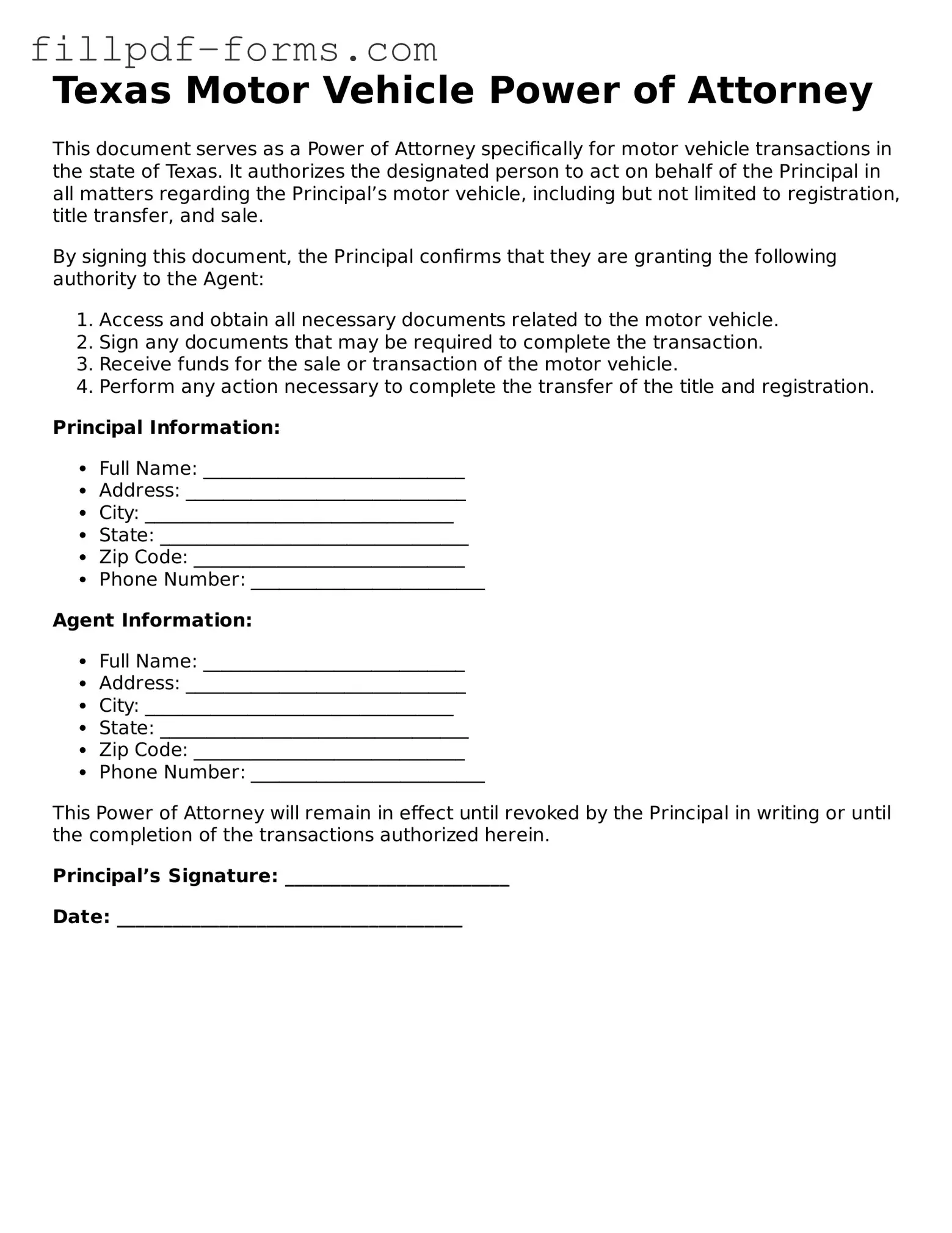 Fillable Motor Vehicle Power of Attorney Template for the State of Texas