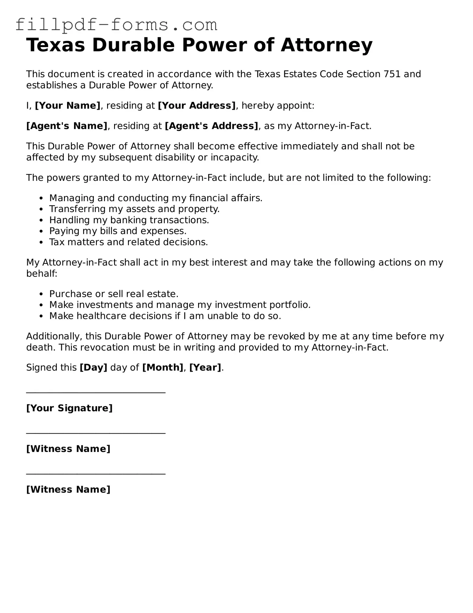 Fillable Durable Power of Attorney Template for the State of Texas