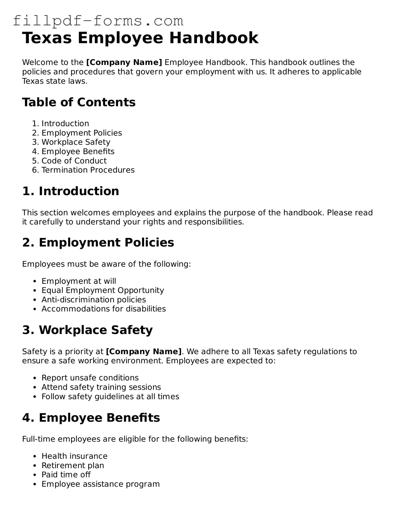 Fillable Employee Handbook Template for the State of Texas