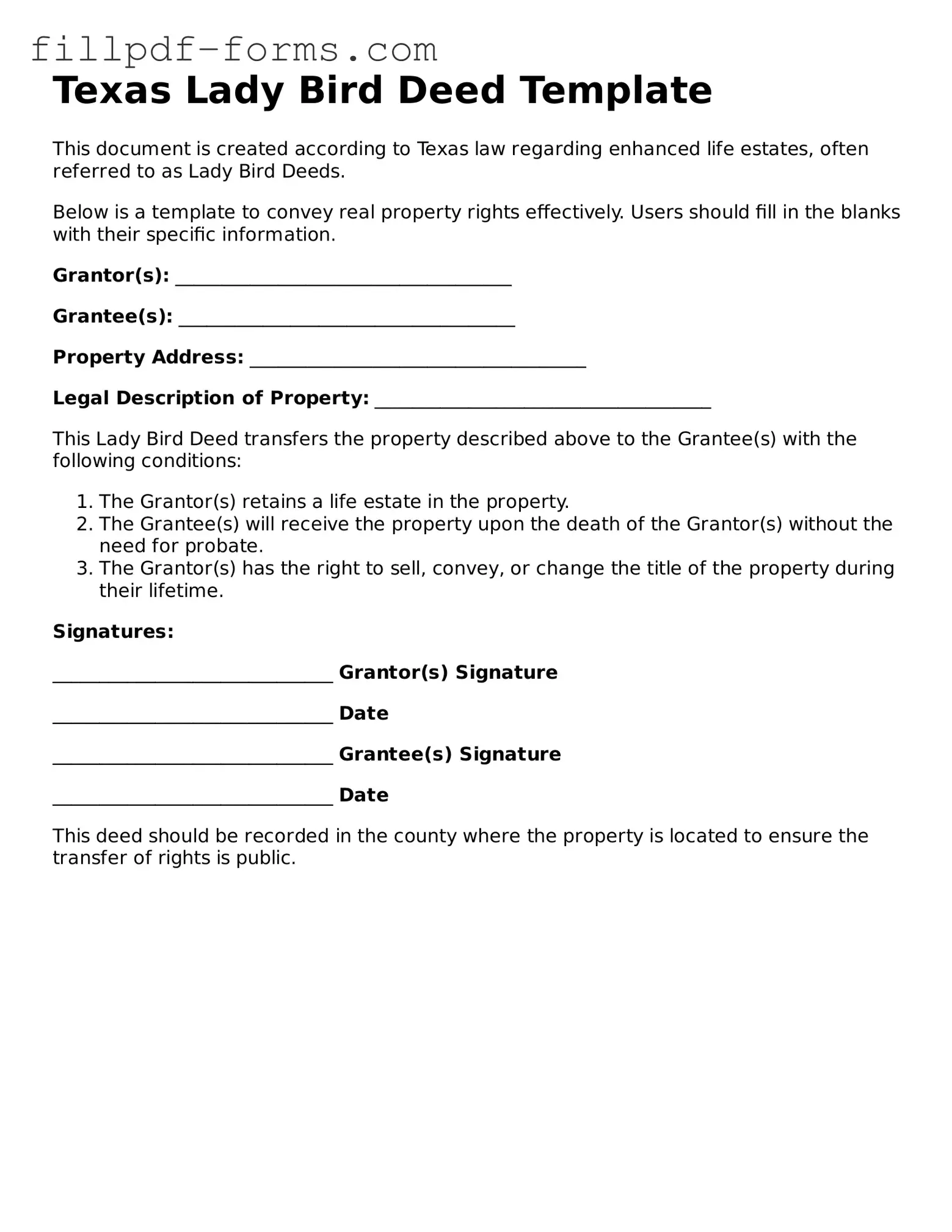 Fillable Lady Bird Deed Template for the State of Texas