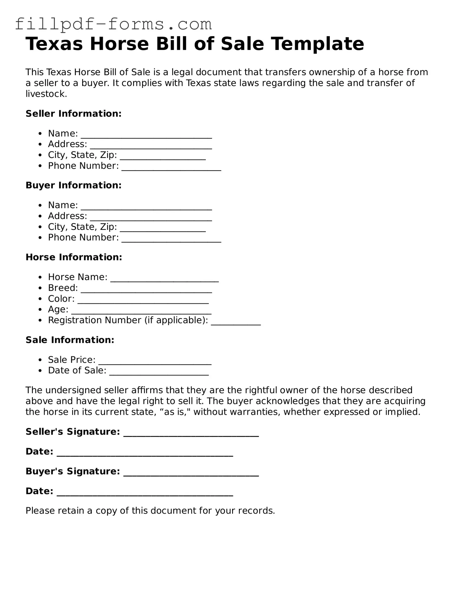 Fillable Horse Bill of Sale Template for the State of Texas