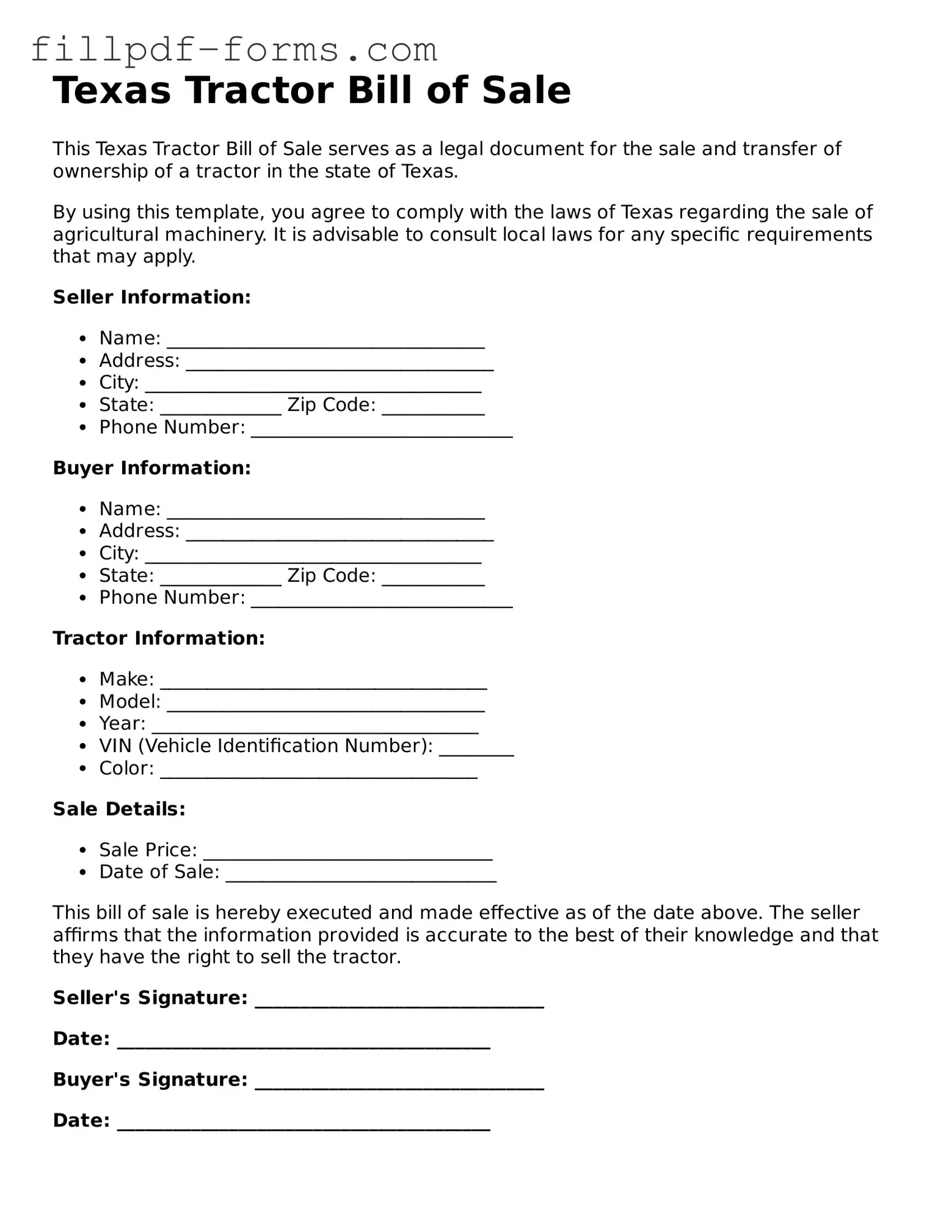 Fillable Tractor Bill of Sale Template for the State of Texas