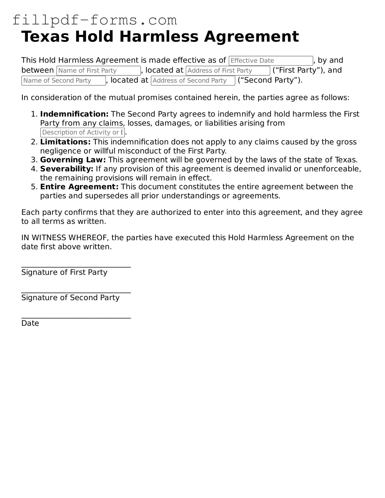 Fillable Hold Harmless Agreement Template for the State of Texas