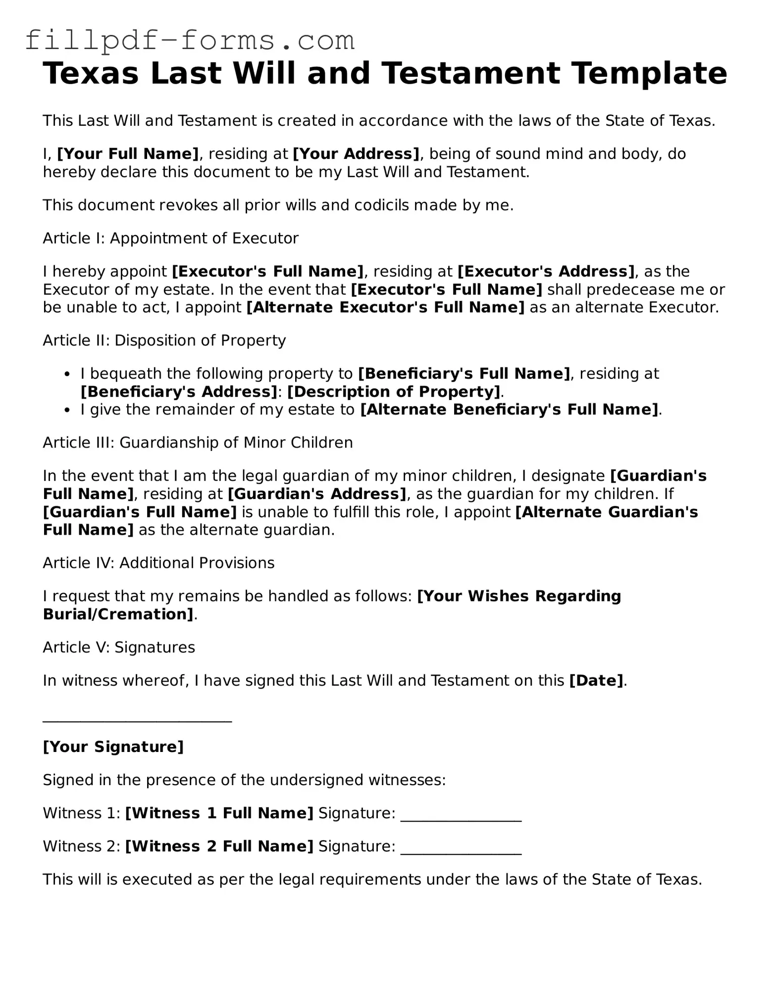 Fillable Last Will and Testament Template for the State of Texas