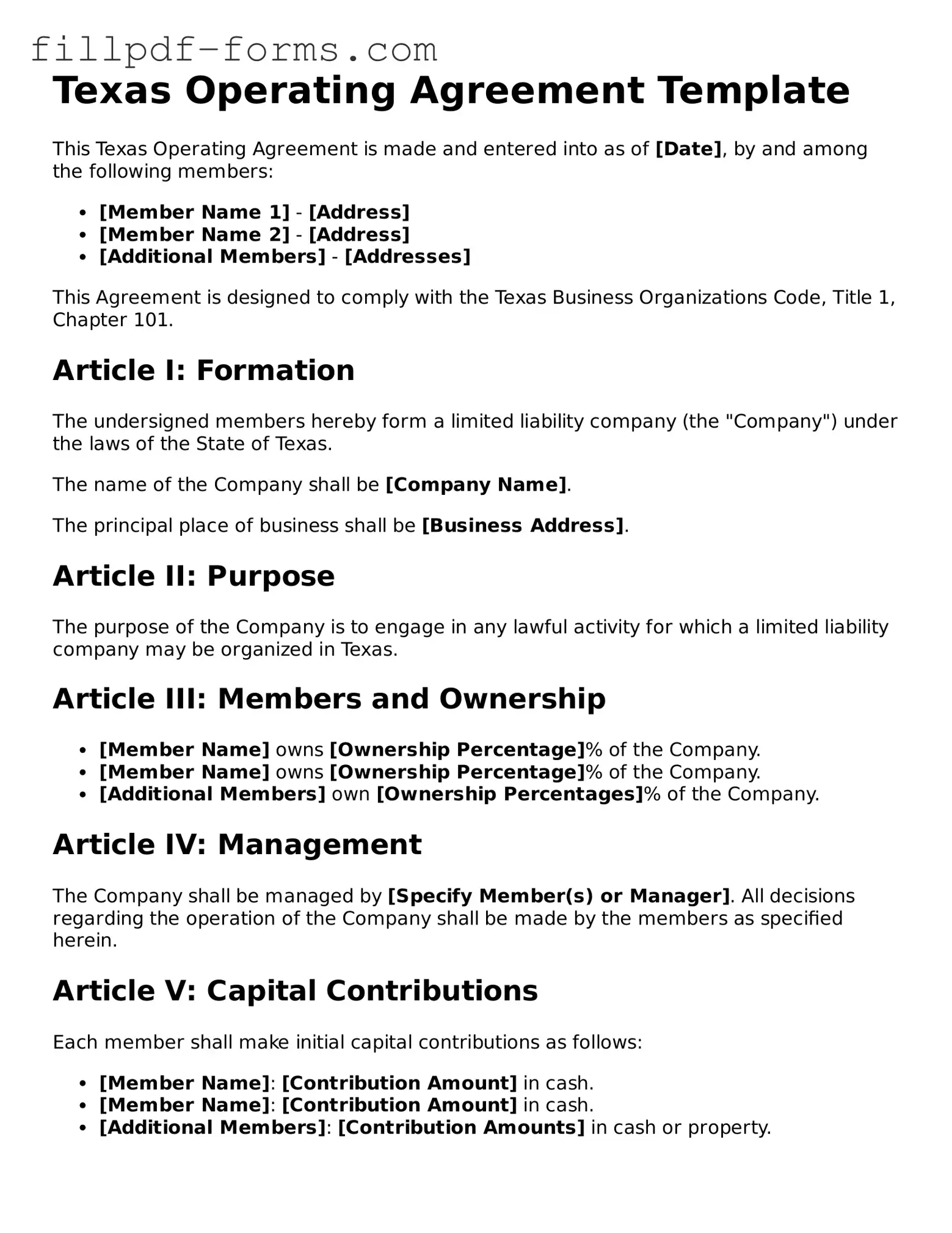 Fillable Operating Agreement Template for the State of Texas