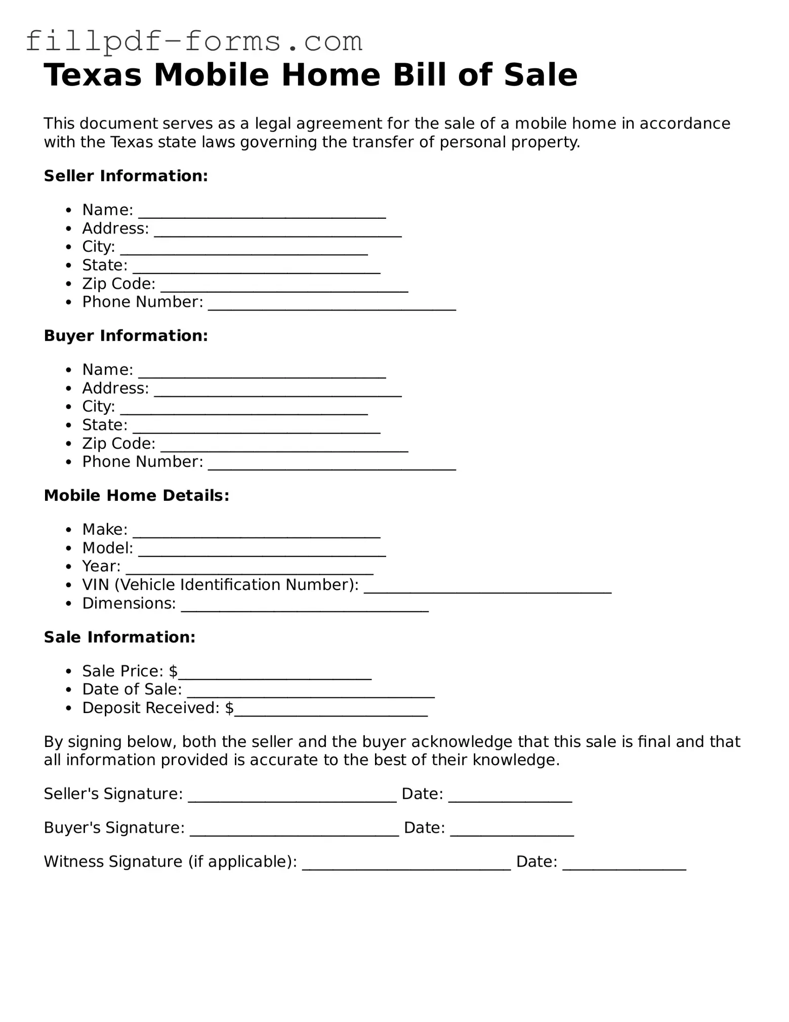 Fillable Mobile Home Bill of Sale Template for the State of Texas