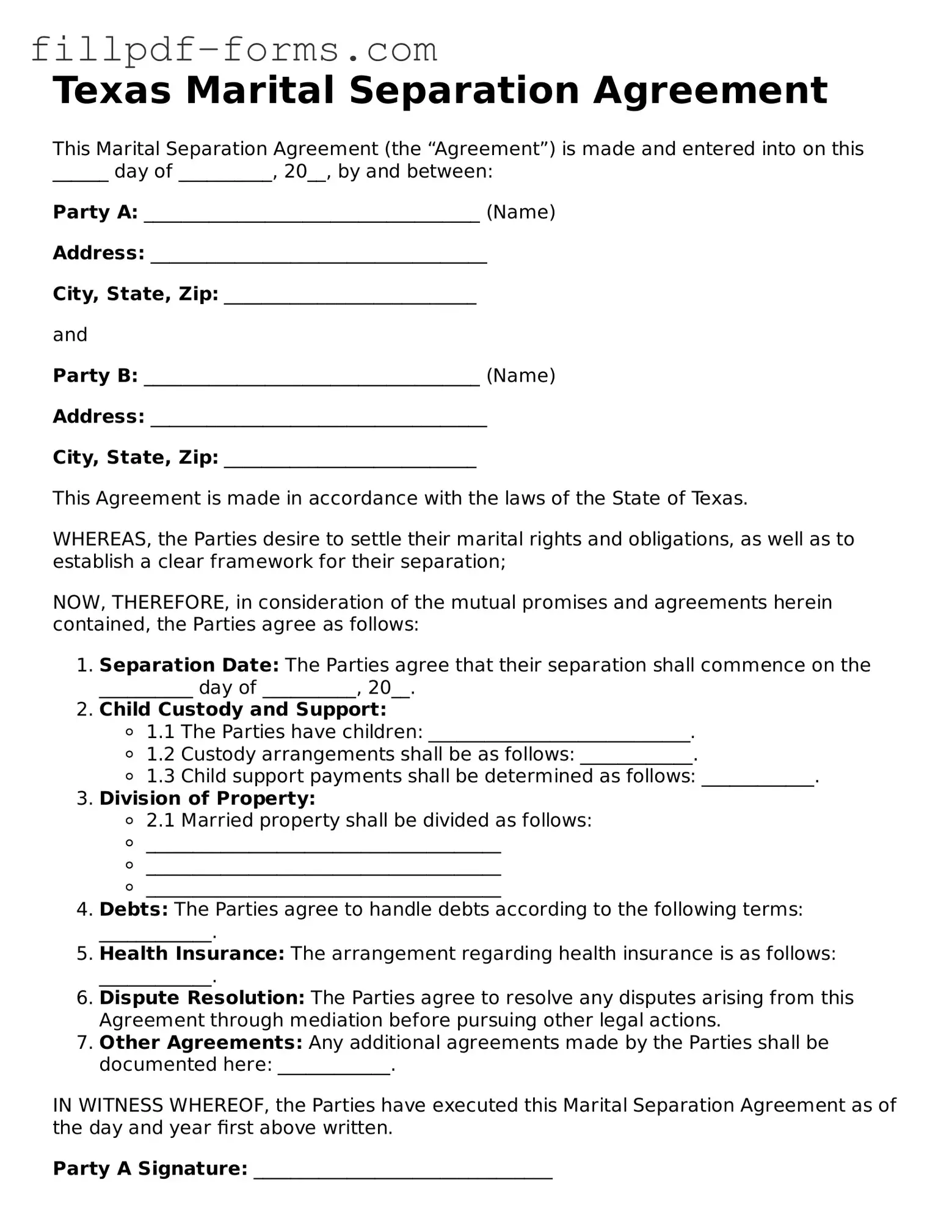 Fillable Marital Separation Agreement Template for the State of Texas
