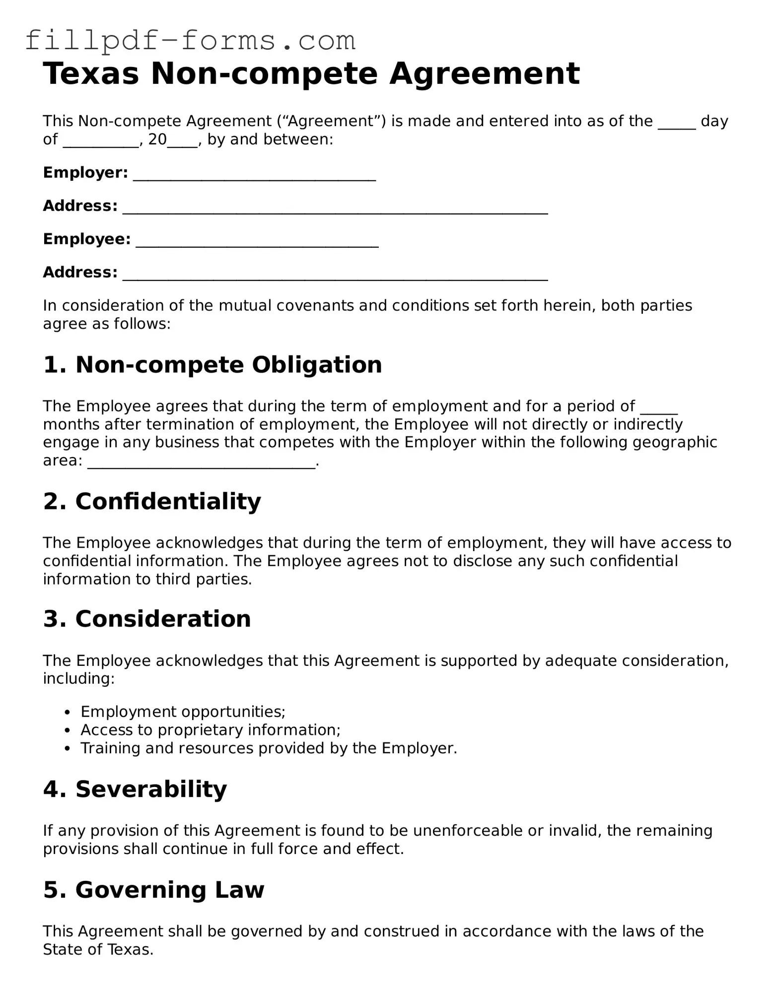 Fillable Non-compete Agreement Template for the State of Texas