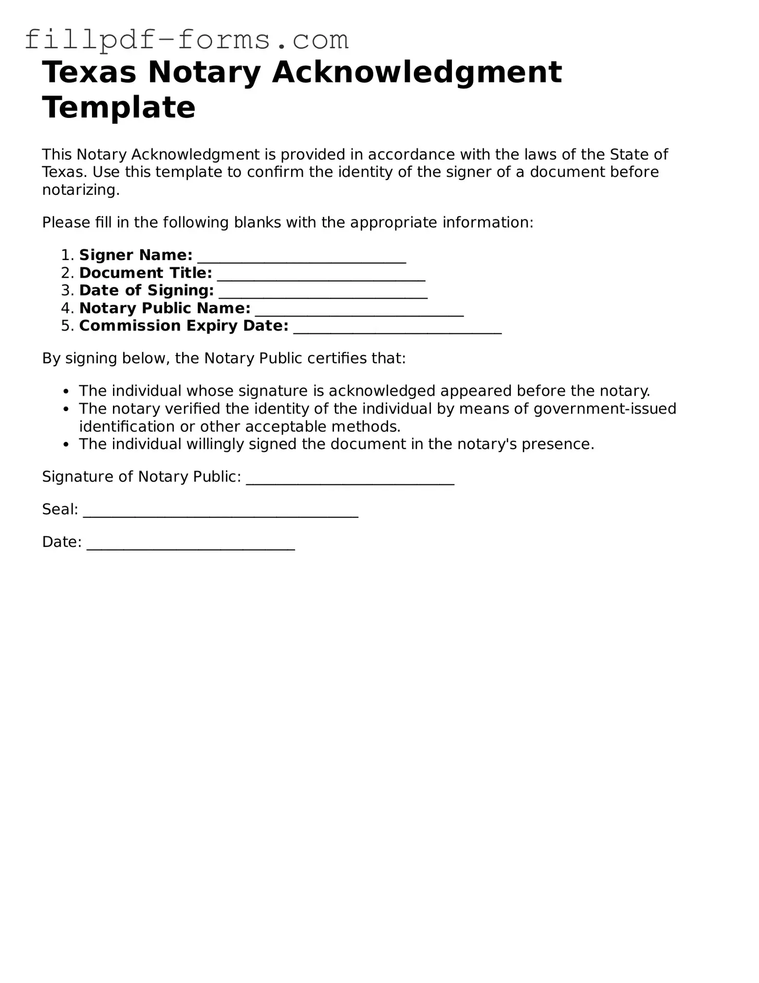 Fillable Notary Acknowledgement Template for the State of Texas