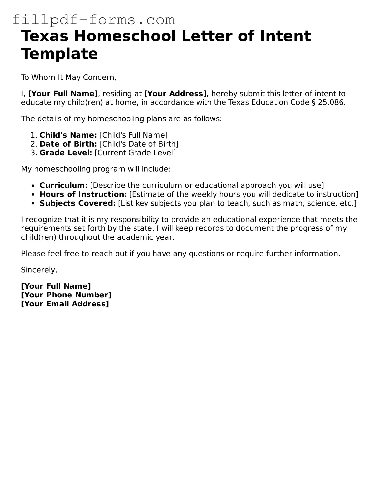 Fillable Homeschool Letter of Intent Template for the State of Texas