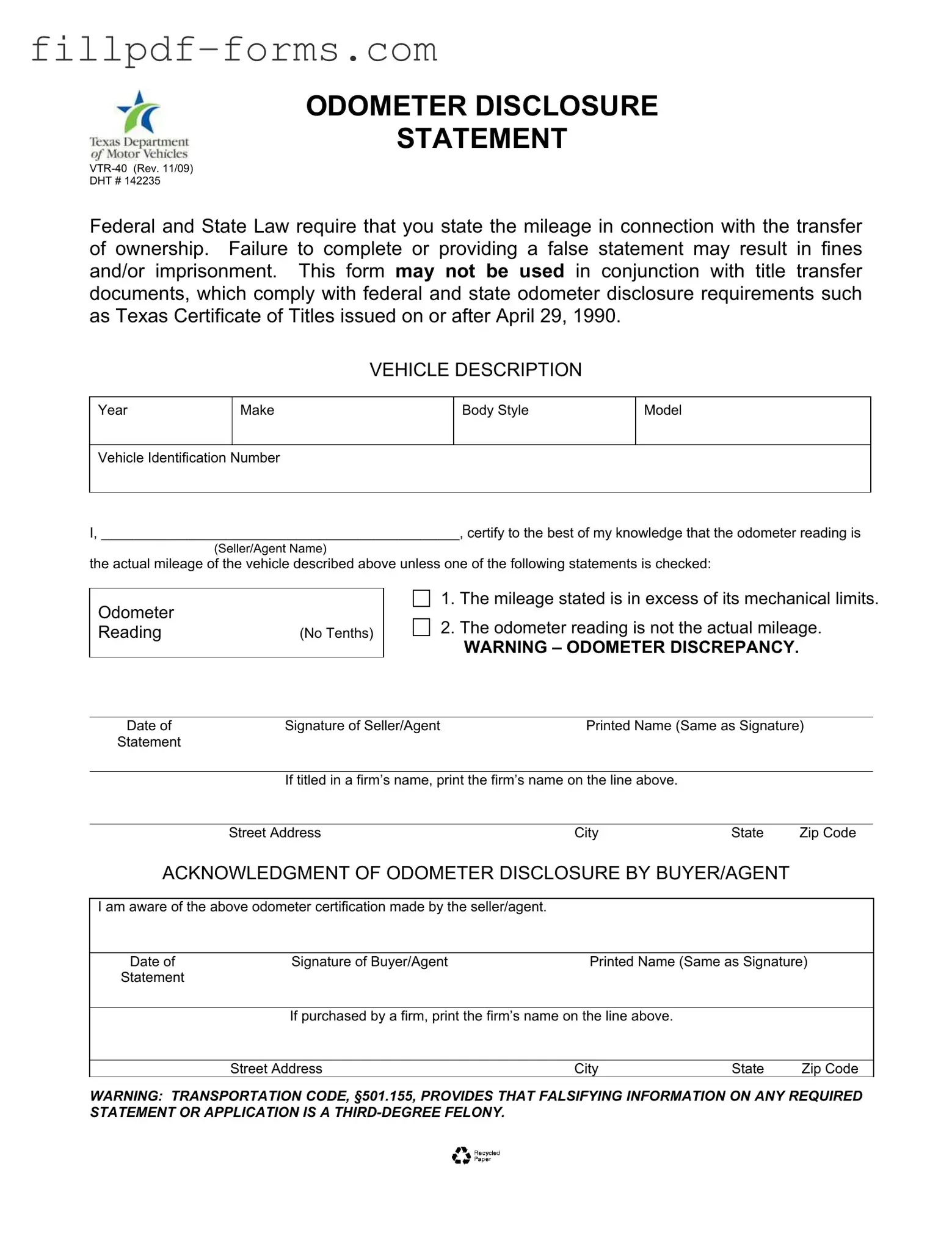 Texas Odometer Statement PDF Form