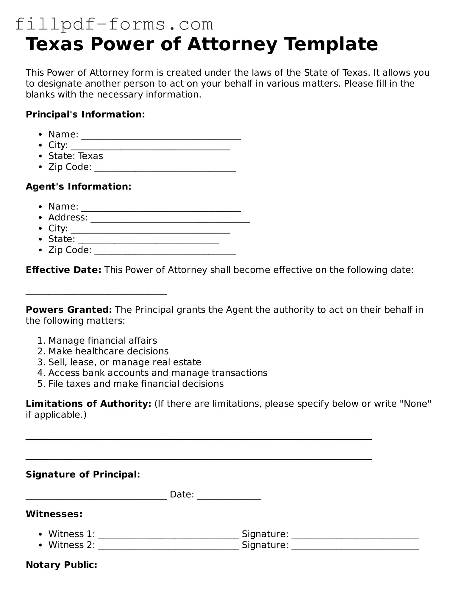 Fillable Power of Attorney Template for the State of Texas