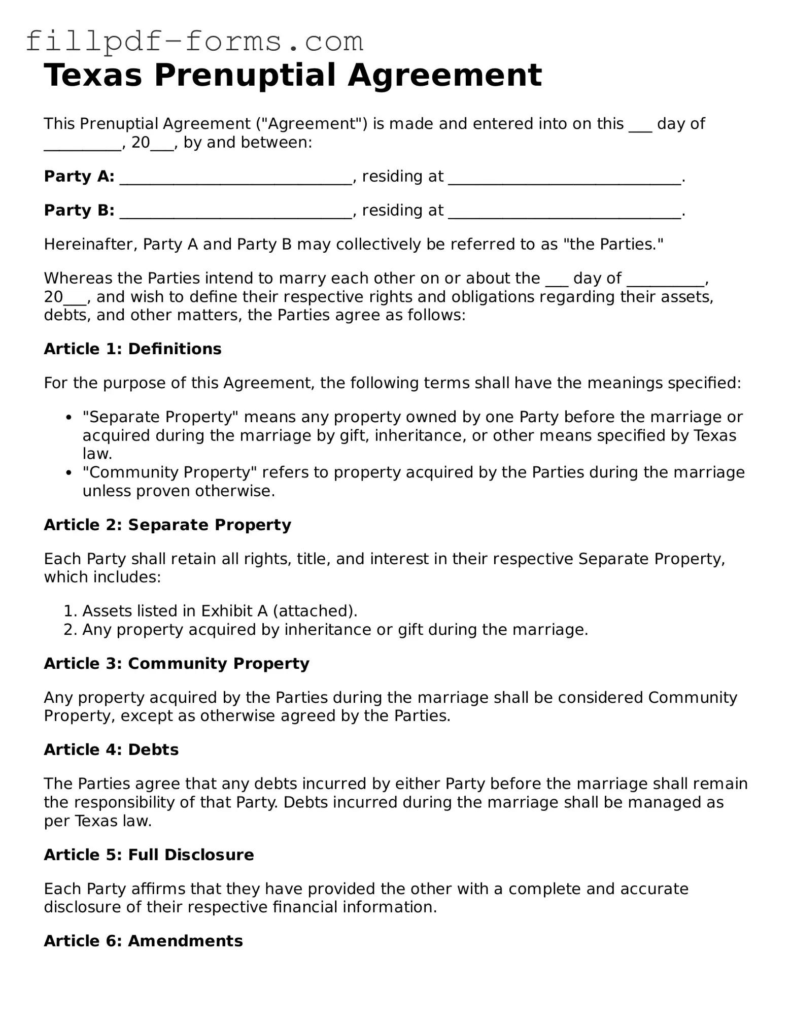 Fillable Prenuptial Agreement Template for the State of Texas