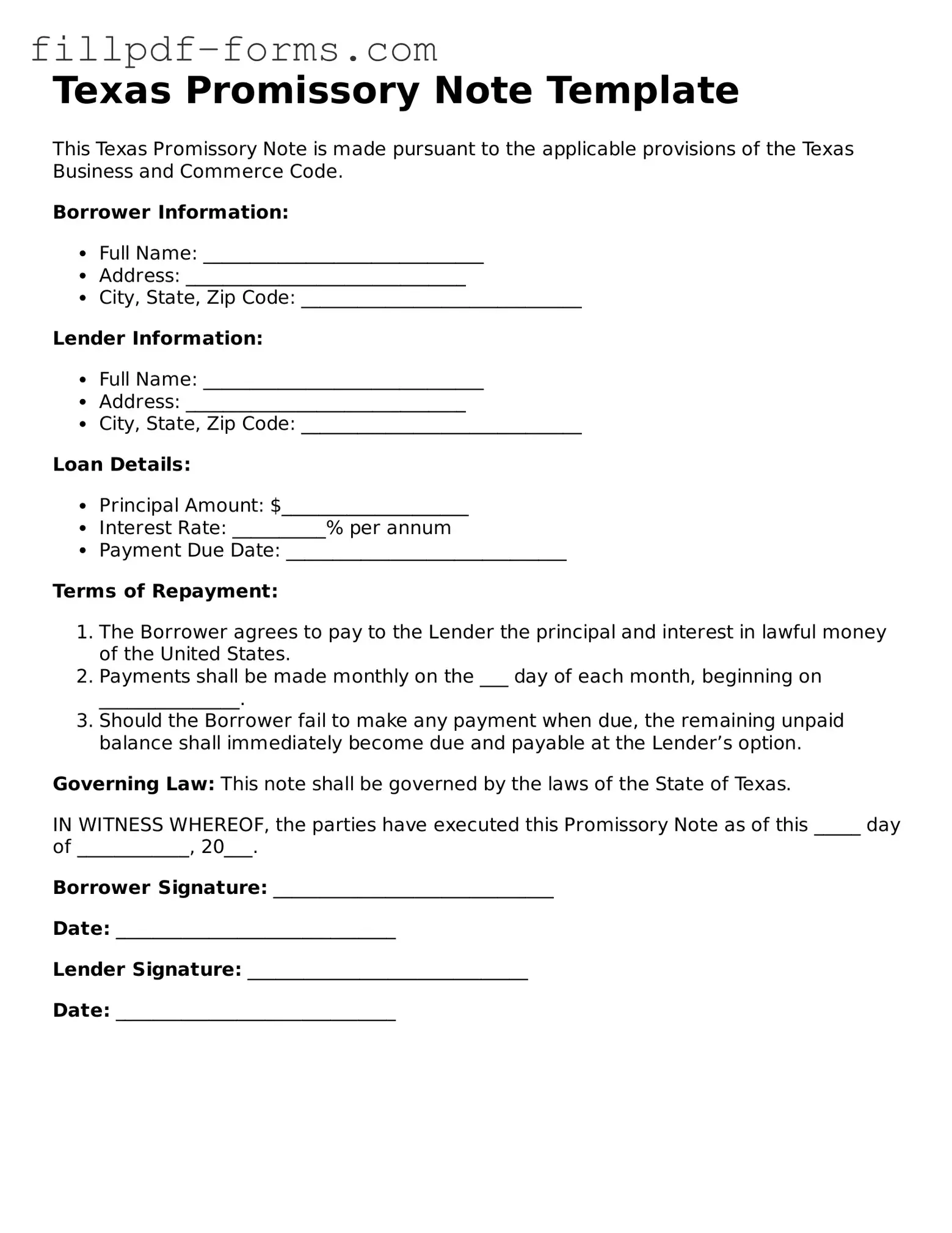 Fillable Promissory Note Template for the State of Texas