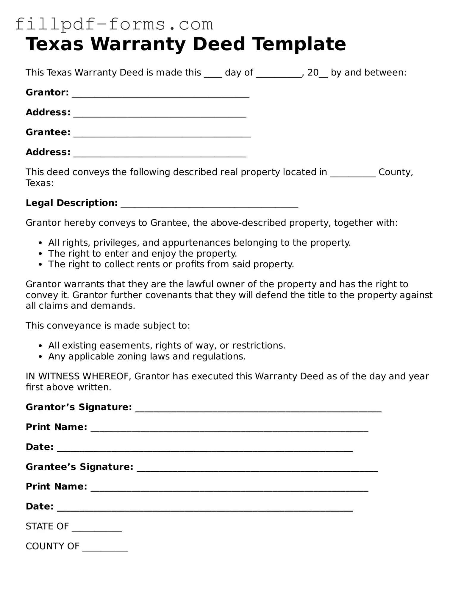 Fillable Deed Template for the State of Texas