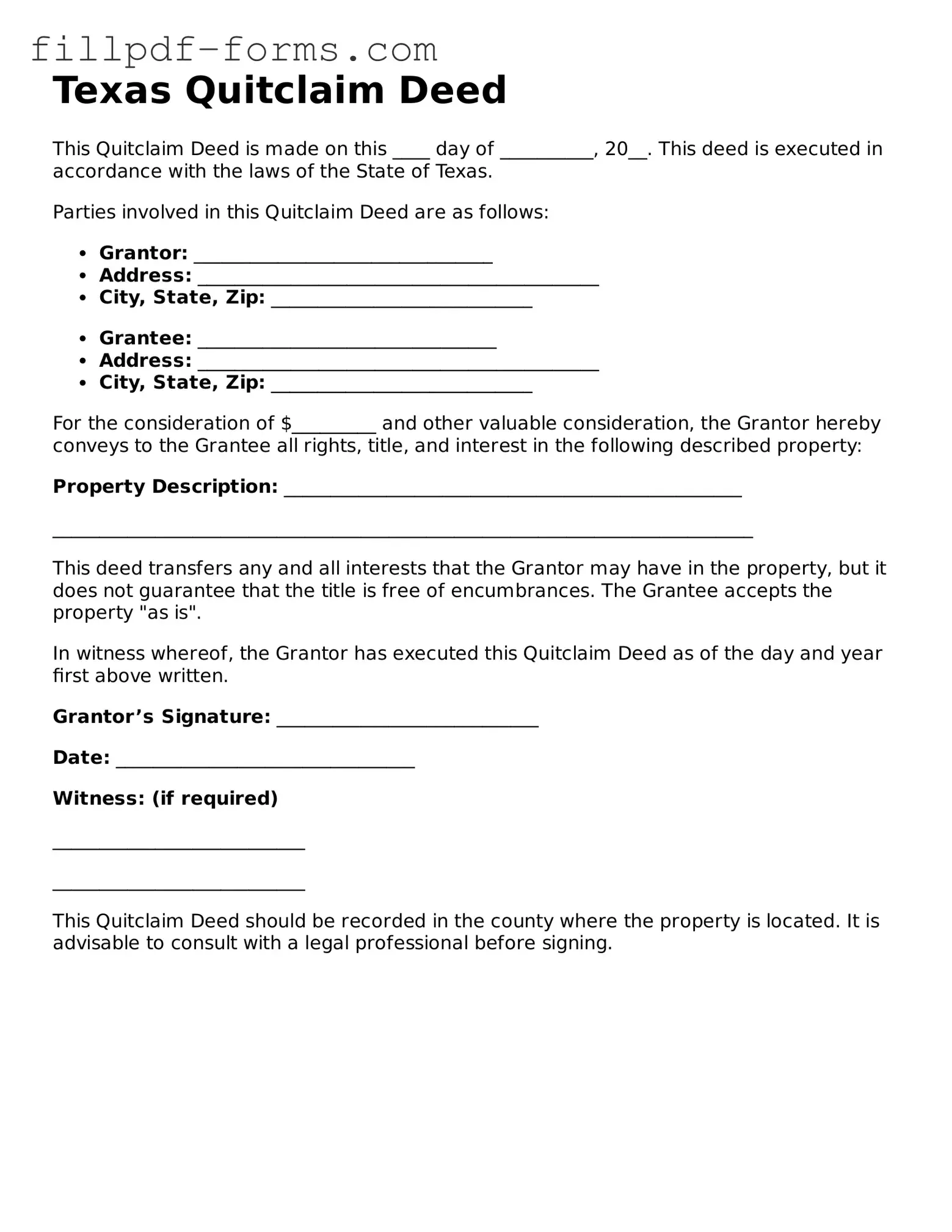 Fillable Quitclaim Deed Template for the State of Texas