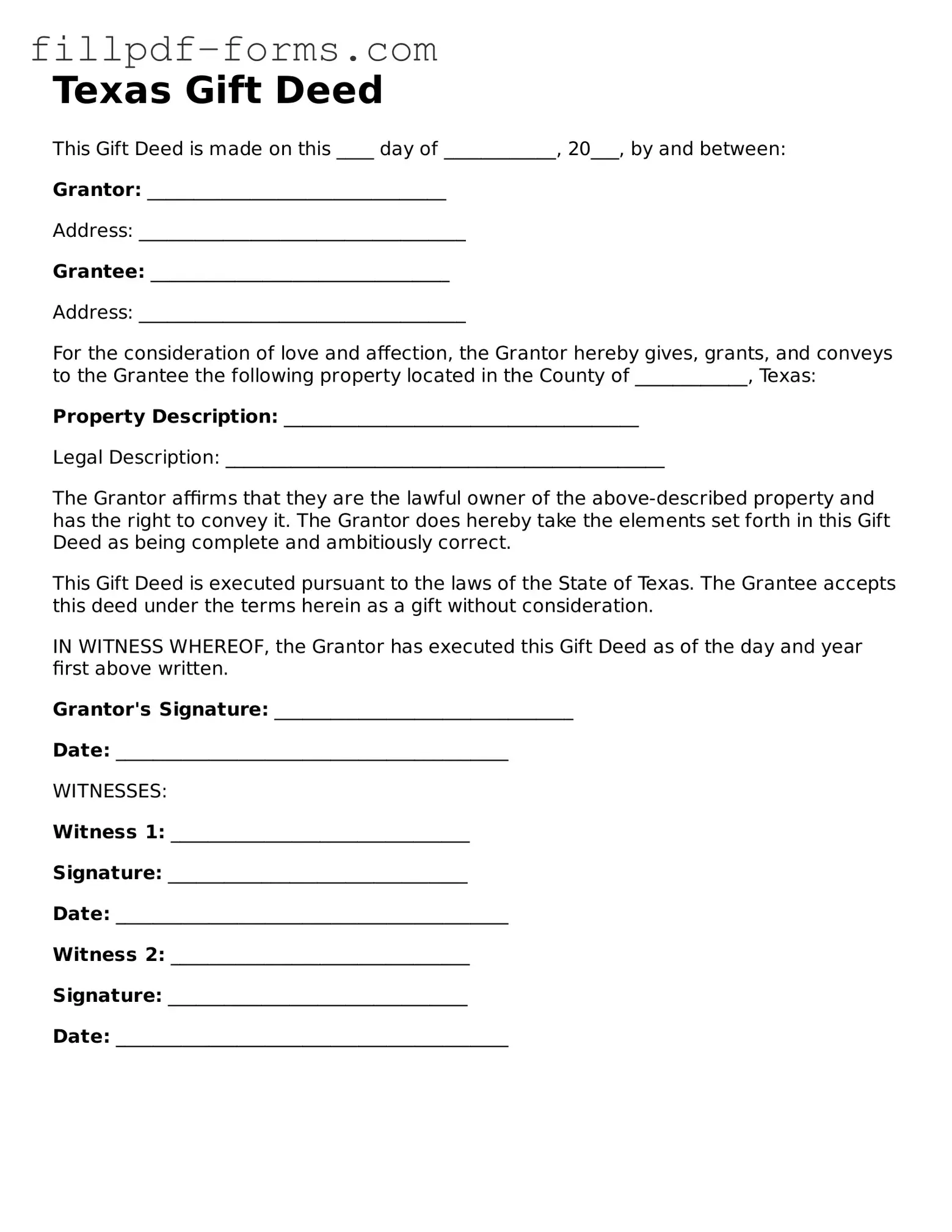 Fillable Gift Deed Template for the State of Texas